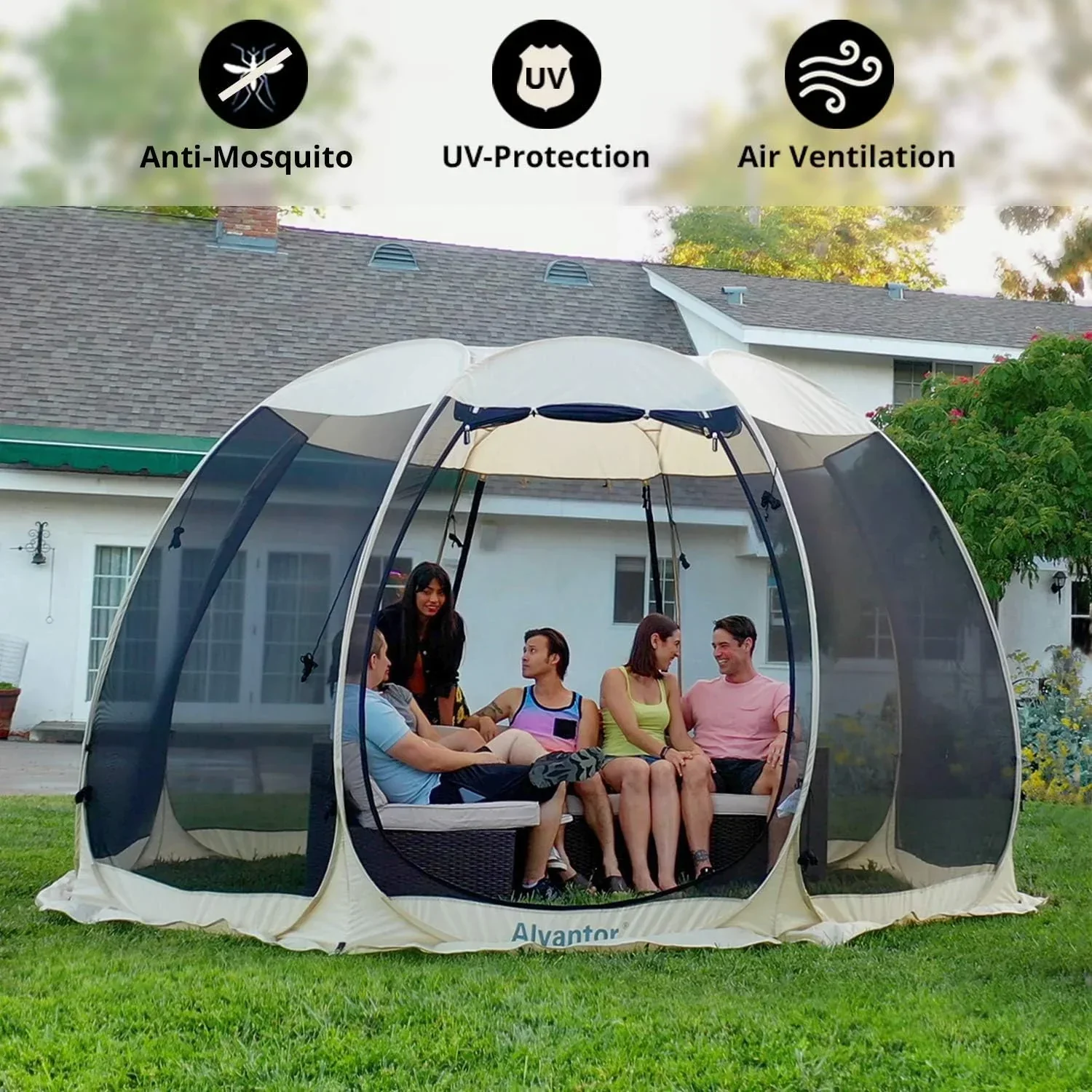 Gazebo moustiquaire pouvant accueillir 6, 10 ou 15 personnes. Tente de style igloo avec moustiquaire latérale. Idéal