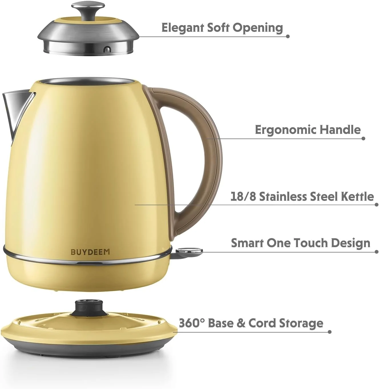 K640N Stainless Steel Electric Kettle with Auto Shut-Off Boil Dry Protection, 1.7L Cordless Hot Tea Water Boiler with Swivel Base, 1440W Fast Heating(Yellow) - Image 2