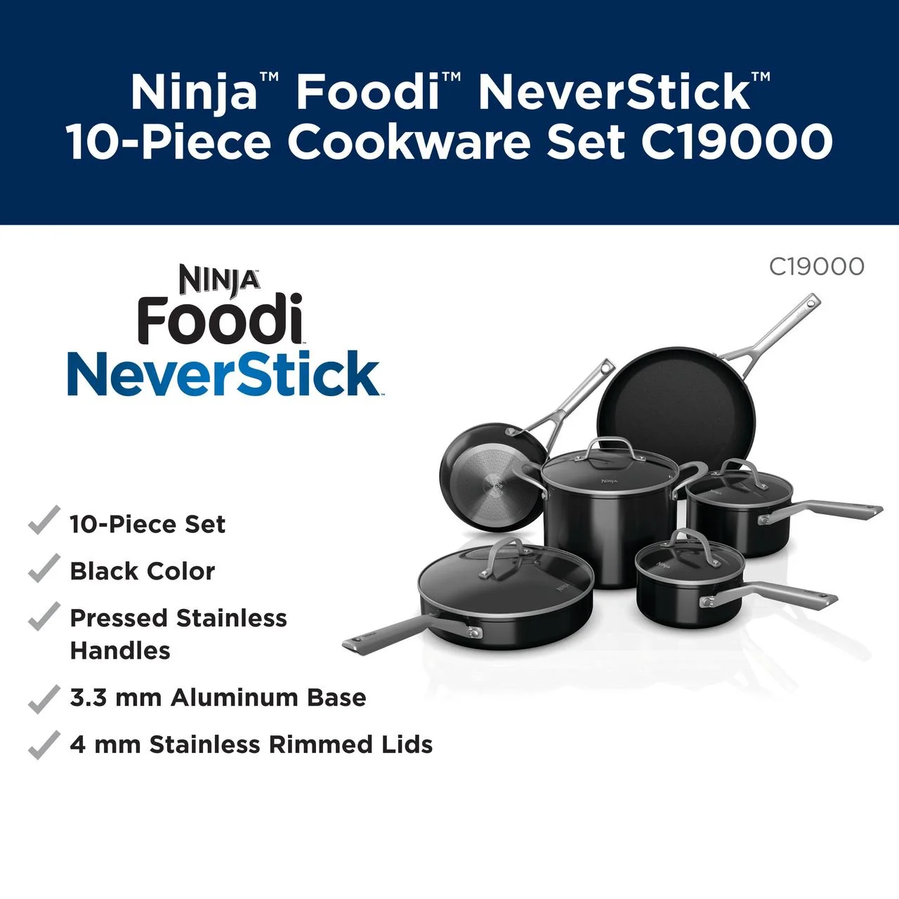C19000 Foodi NeverStick 10-Piece Cookware Set, Black - Image 4