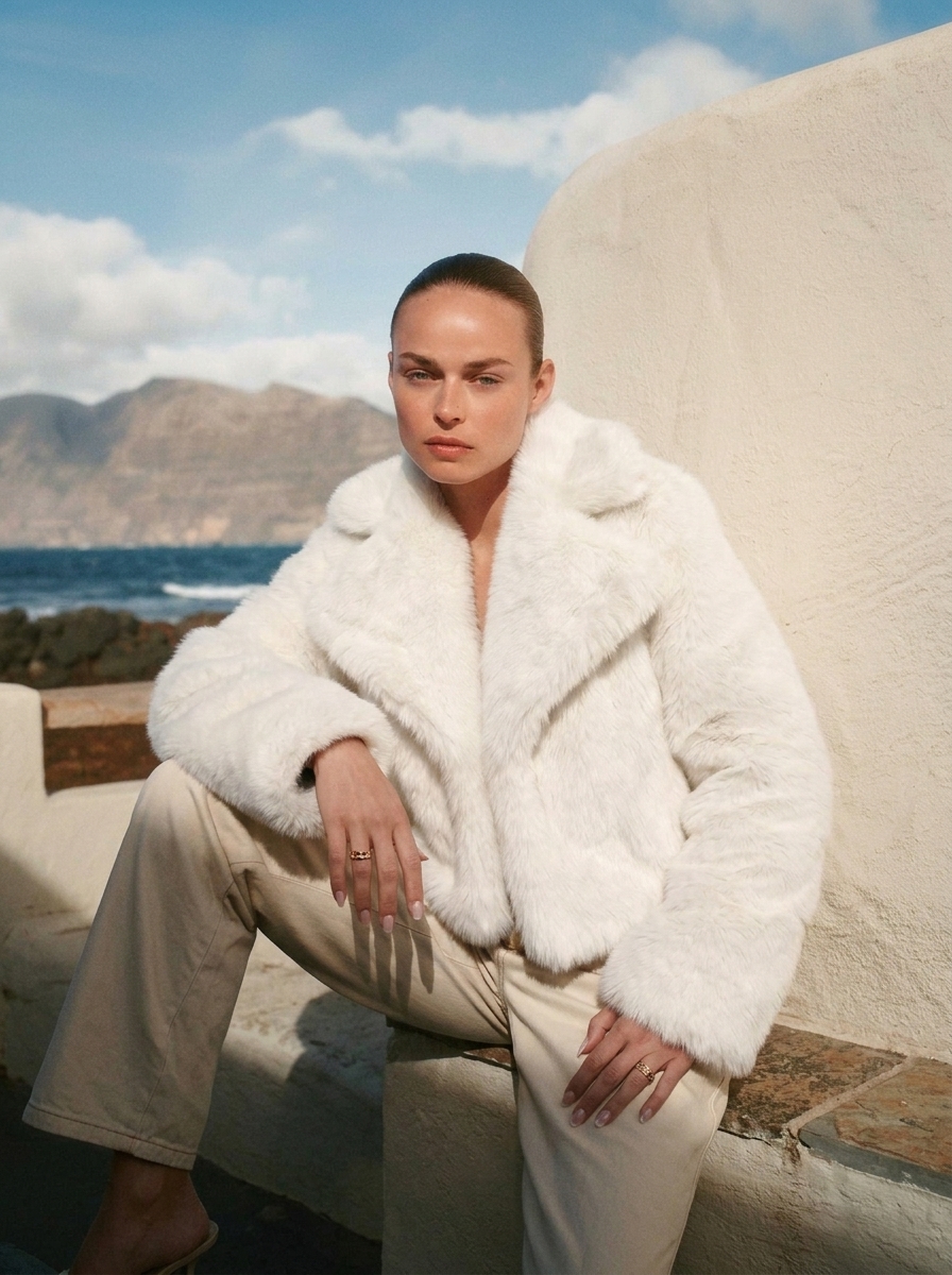 Stanetco Women's Short Faux Fur Coat - Cropped Fluffy Winter Jacket, Elegant White Shaggy Outerwear with Lapel Collar