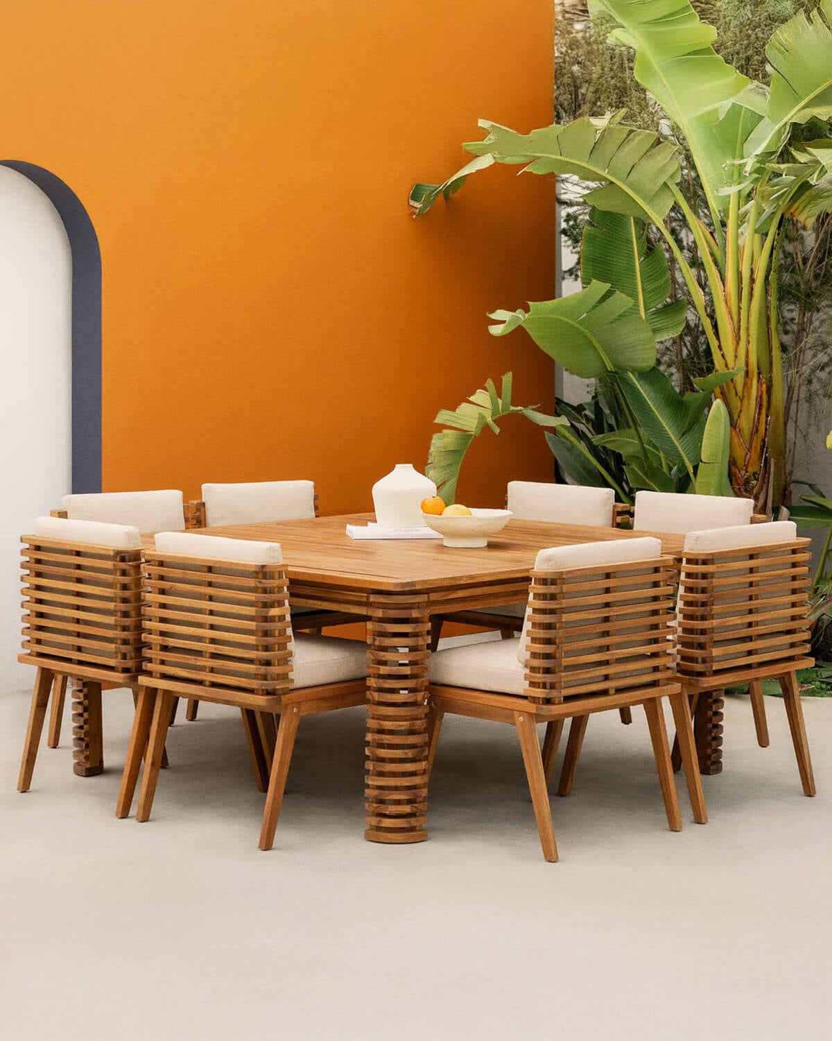 Hazan - Set de Mesa Cuadrada (160x160 cm) y 8 Sillas de Madera de Acacia y Tela de Exterior Hazan