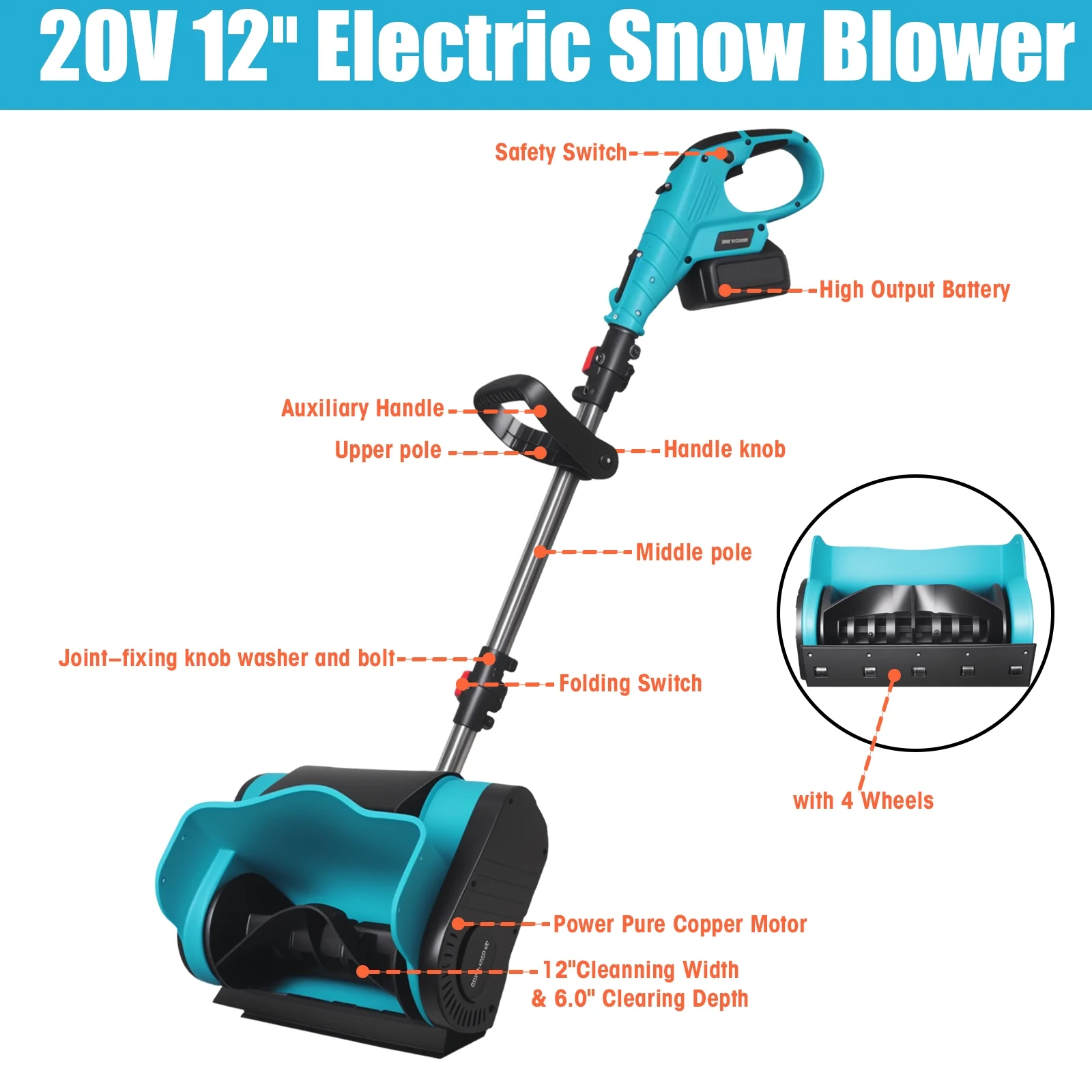 Electric Snow Blower, 20V 12-Inch with Auxiliary Wheel Cordless Snow Thrower Adjustable Auxiliary Handle Snow Shovel - Image 4