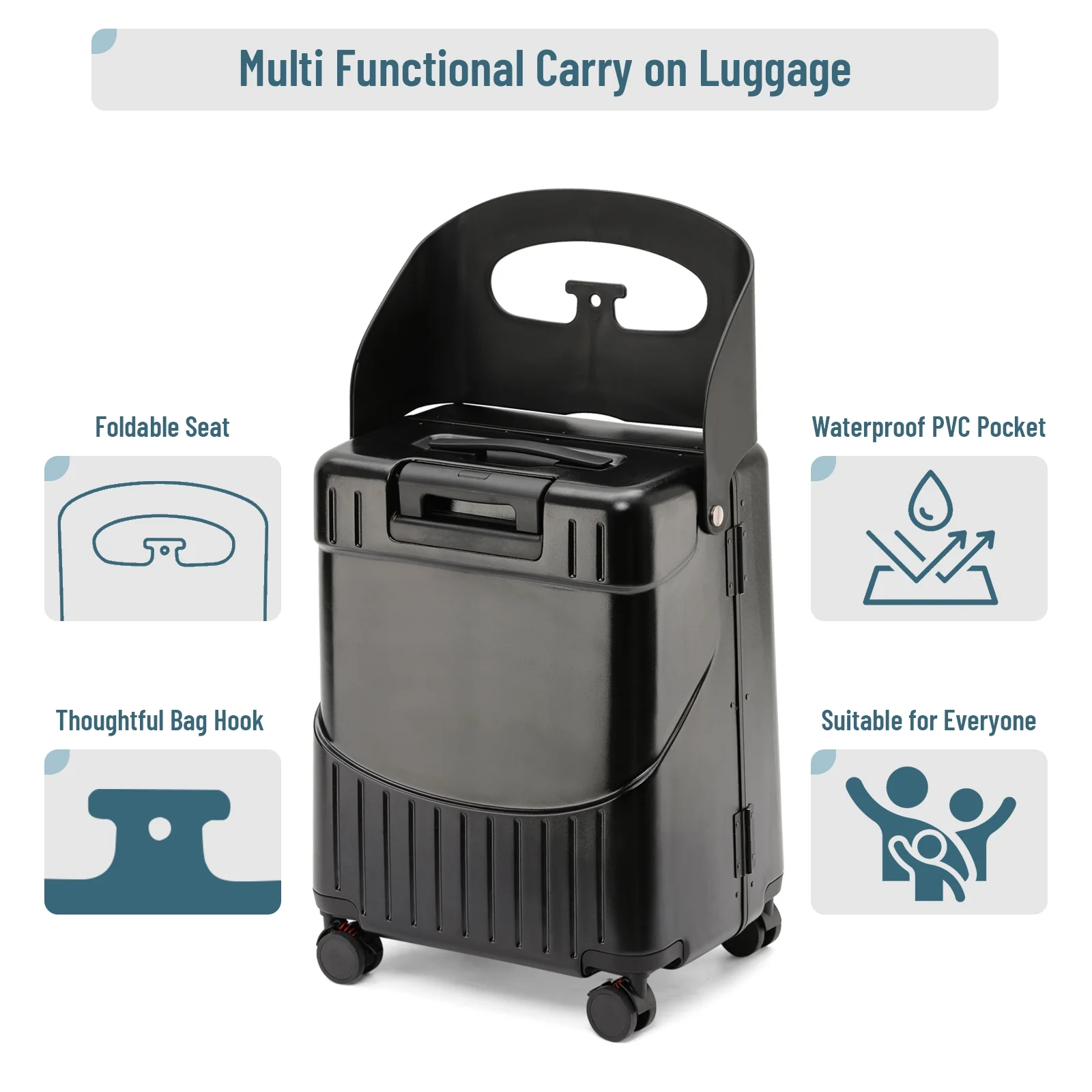 20 Inch Carry On TSA Lock Luggage with Foldable Seat for Kids Adult,Lockable Spinner Wheels Free Luggage Cover and Safety Seatbelt Travel Suitcase Image 6