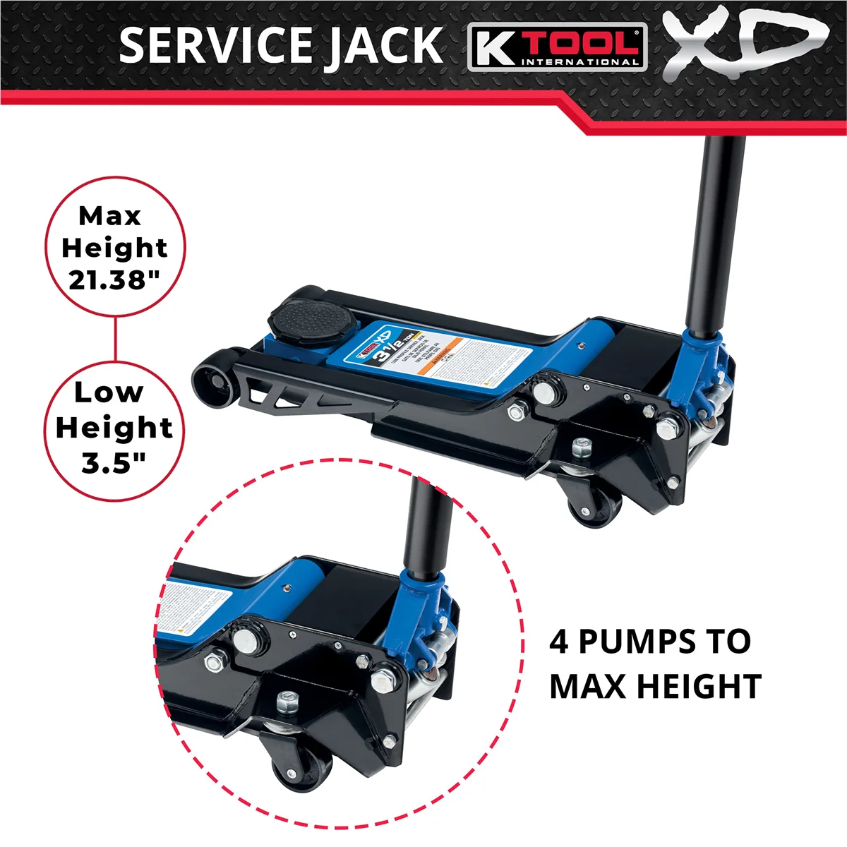 INT022 3.5 Ton Low Profile Service Jack; Dual Pump Piston - Image 2