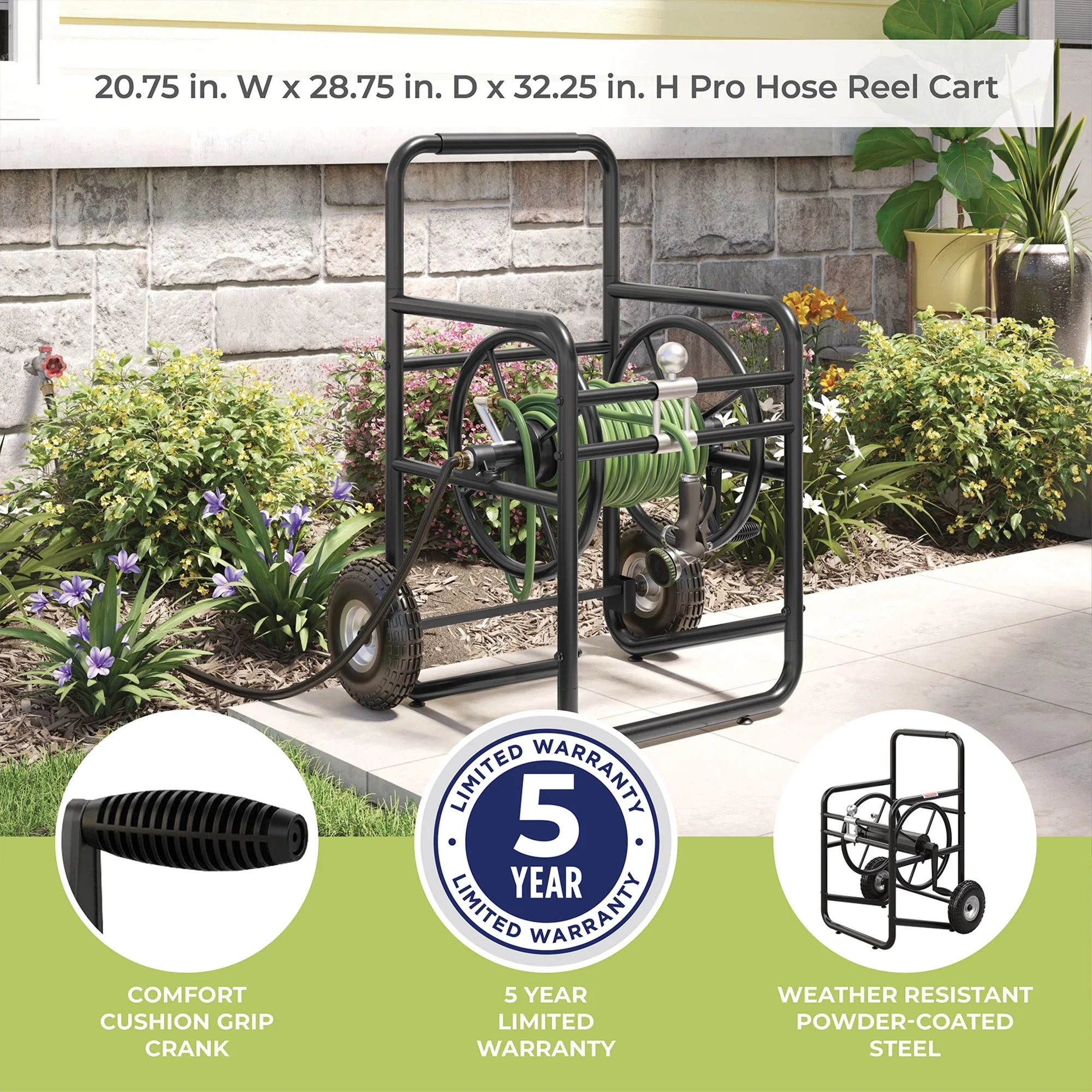 Suncast Professional Outdoor Garden Hose Reel Cart for 200' of Hose, Black