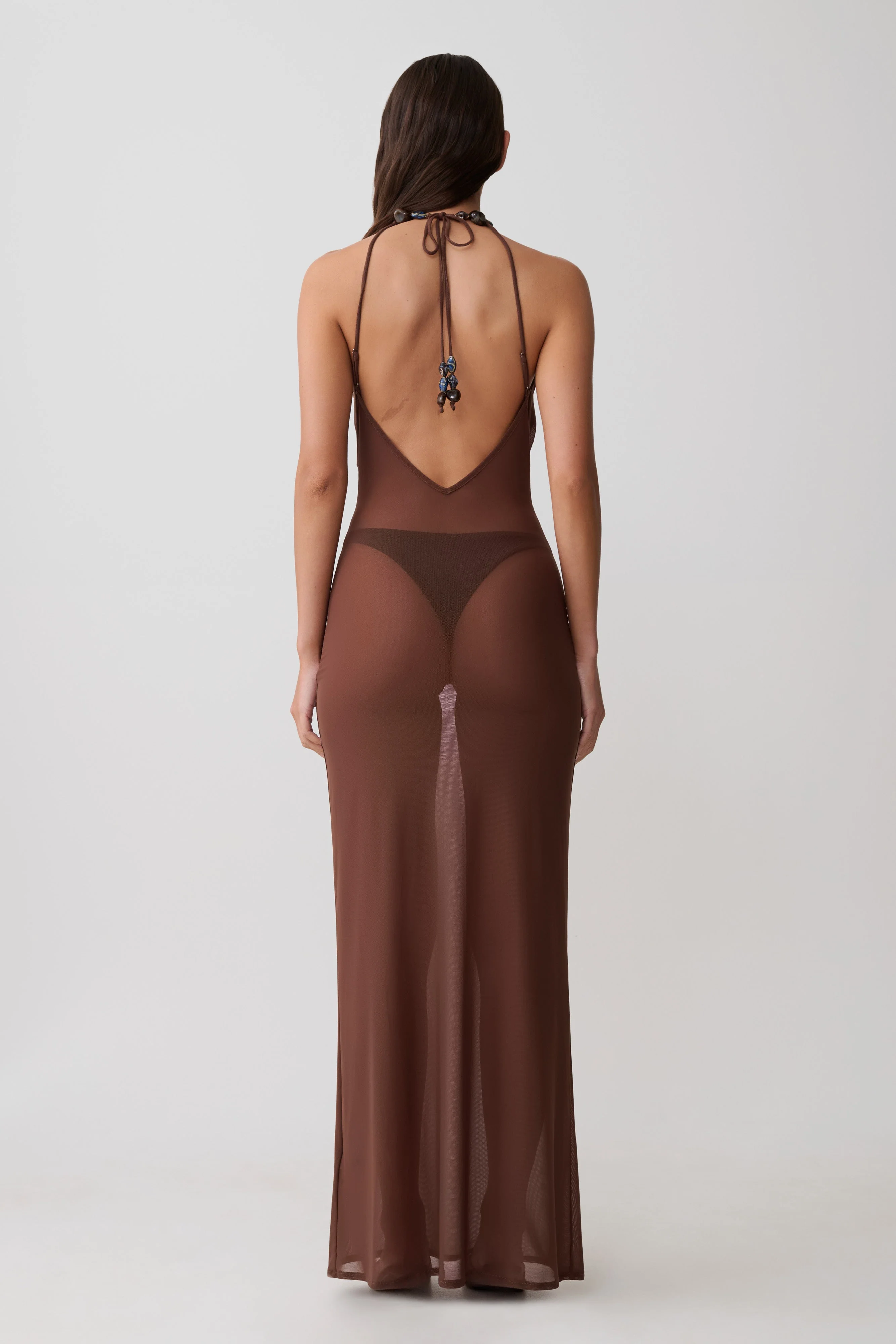 Ethal Mesh Cowl Neck Beaded Maxi Dress - Chocolate