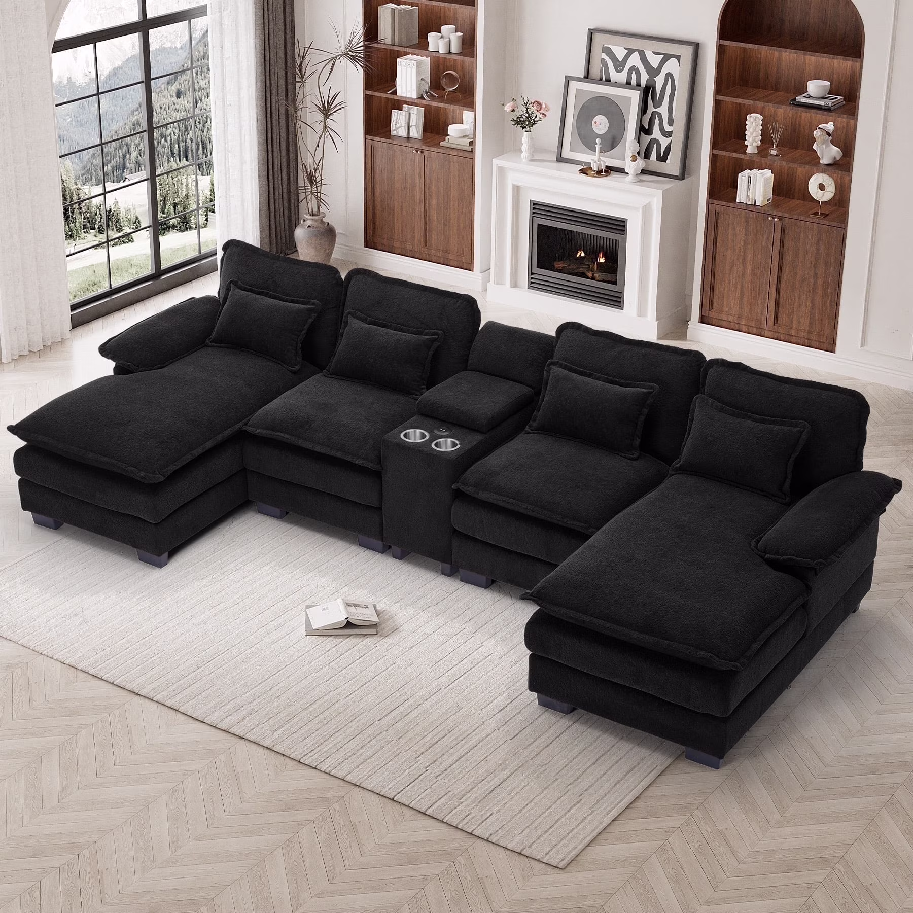 U Shaped Cloud Couch Modular Sectional Sofa 124" Extra Deep Fluffy Chenille Double Chaise Lounge, Central Console w/ Dual USB-C A Ports, Storm Gray(Grey) - Image 7
