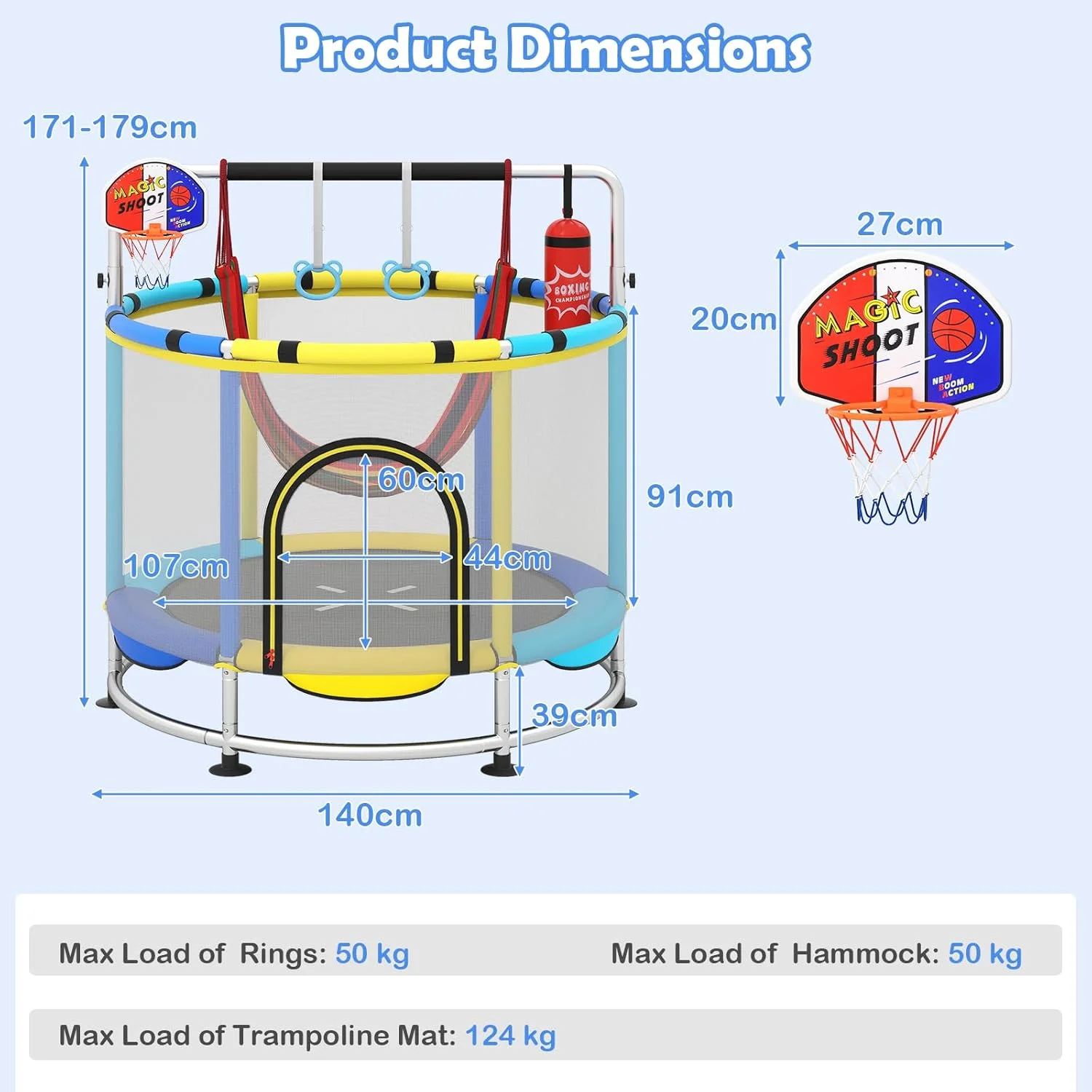 55" Trampoline for Kids Enclosure Net Heavy Duty for Boys Girls Outdoor Indoor(Blue) Image 10