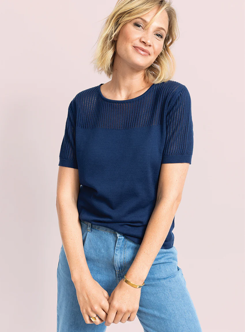 Pull femme ajouré coton bleu marine