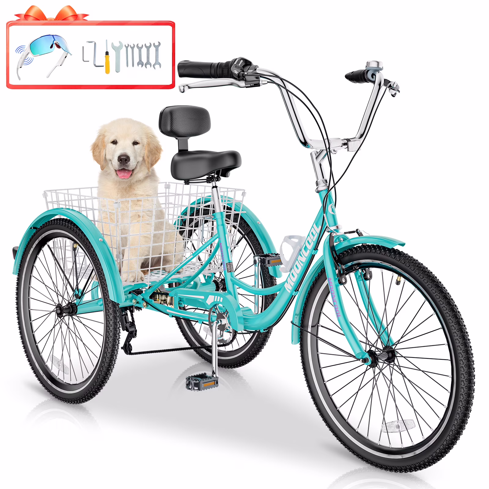 MOONCOOL Adult Tricycles with Rear Basket & Inflator, 24 26 in 7 Speed 3 Wheel Bikes, Three - Wheeled Bicycles Adult Trike with Backrest for Seniors, Women, Men