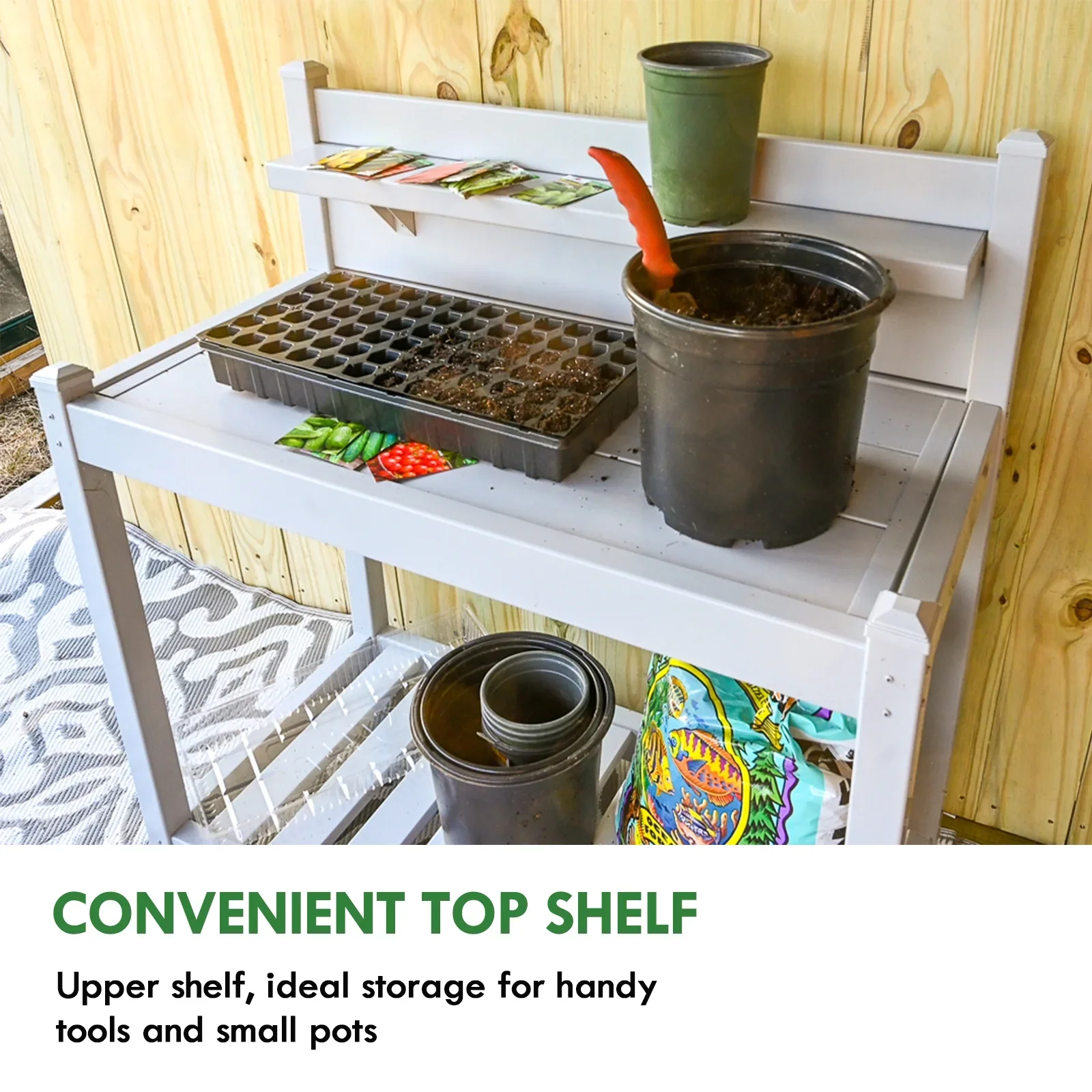 EAGLE PEAK Outdoor Indoor Vinyl Potting Bench Tsble, Gardening Work Station with Open Shelf, Lower Storage, Gray
