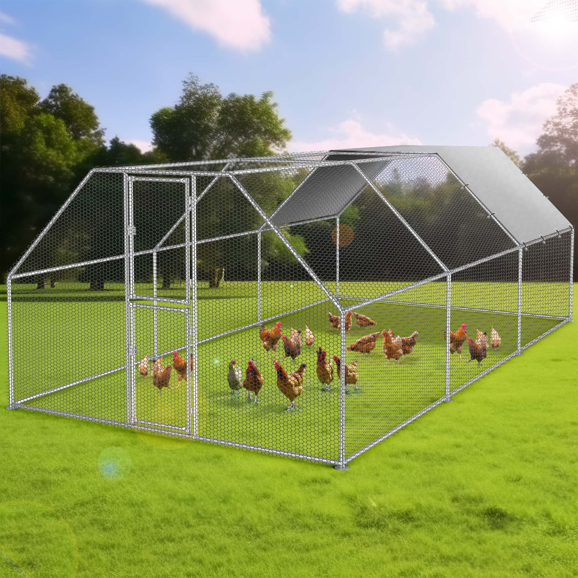 Uforic Chicken Run Coop 19.1 x 9.8 x 6.4 Ft Large Metal Chicken Coop, Walk - in Hen Cage, Outdoor Poultry Cage with Waterproof Cover and Wire Mesh for Backyard, Yard Outdoor