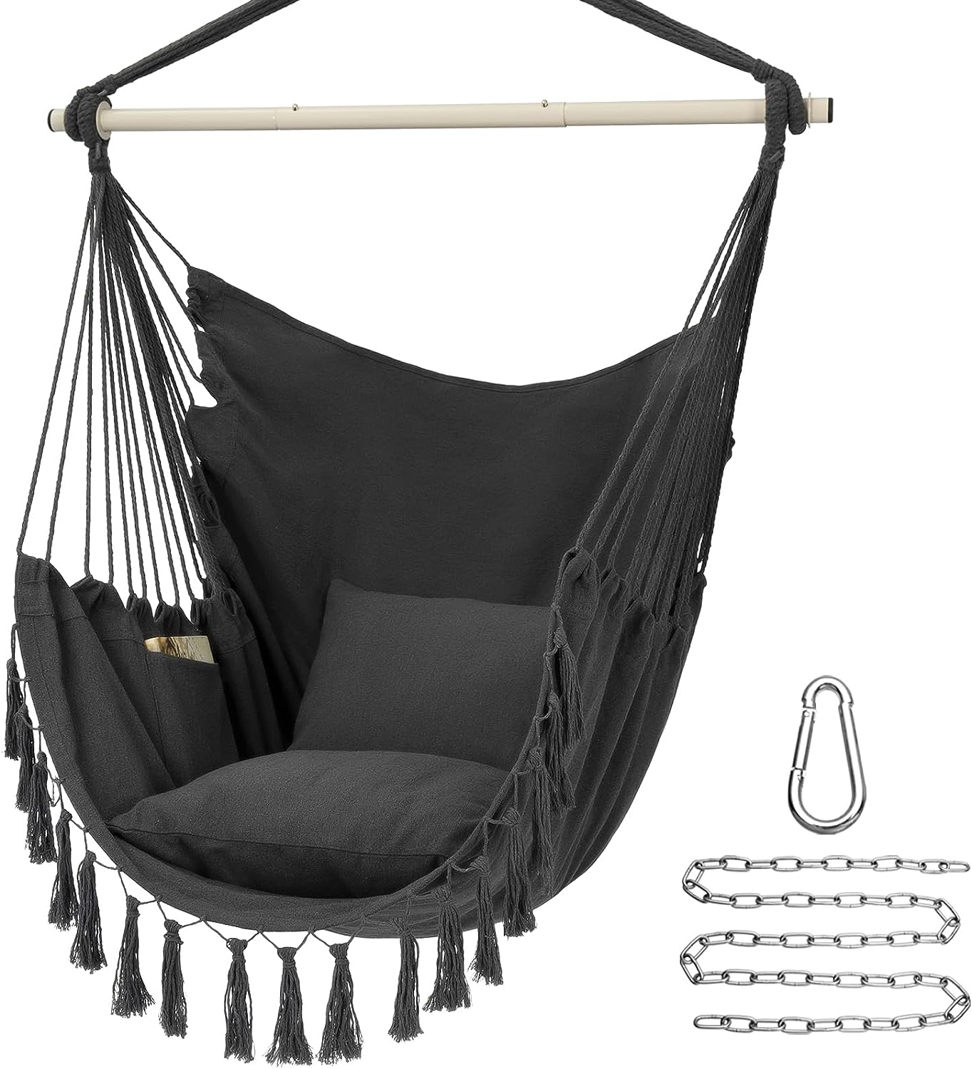 Fauteuil suspendu en corde Y-Stop, supportant jusqu'à 227 kg (500 lb), 2 coussins inclus, grand fauteuil suspendu en macramé avec poche pour un confort supérieur, avec kit de quincaillerie (gris foncé)