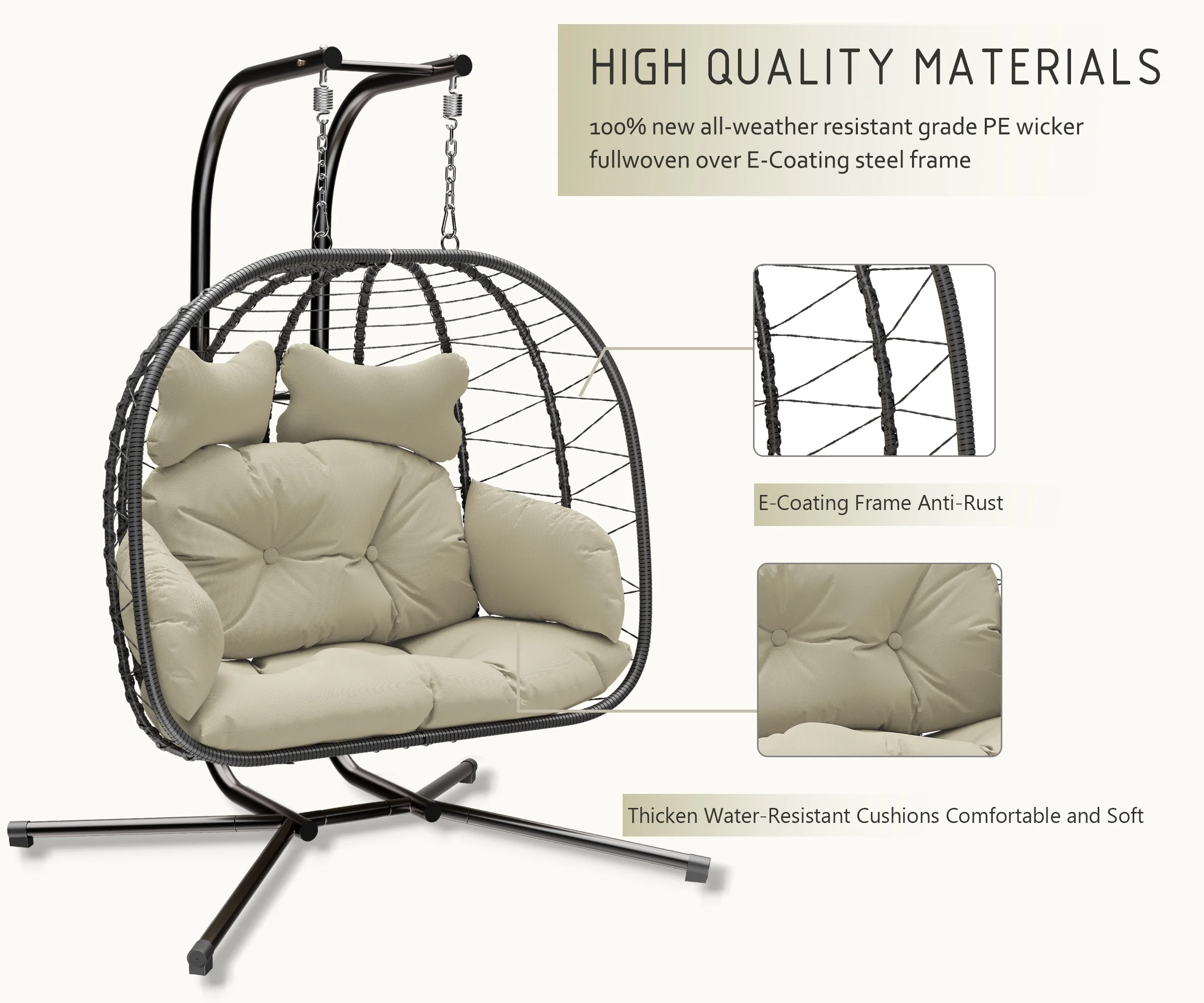 Double Wicker Swing Egg Chair Hammock Foldable Hanging Loveseat with Stand, UV Resistant Removable Cushions, 700LBS Capacity for Bedroom, Balcony (Black and Beige)(Black and Beige) - Image 4