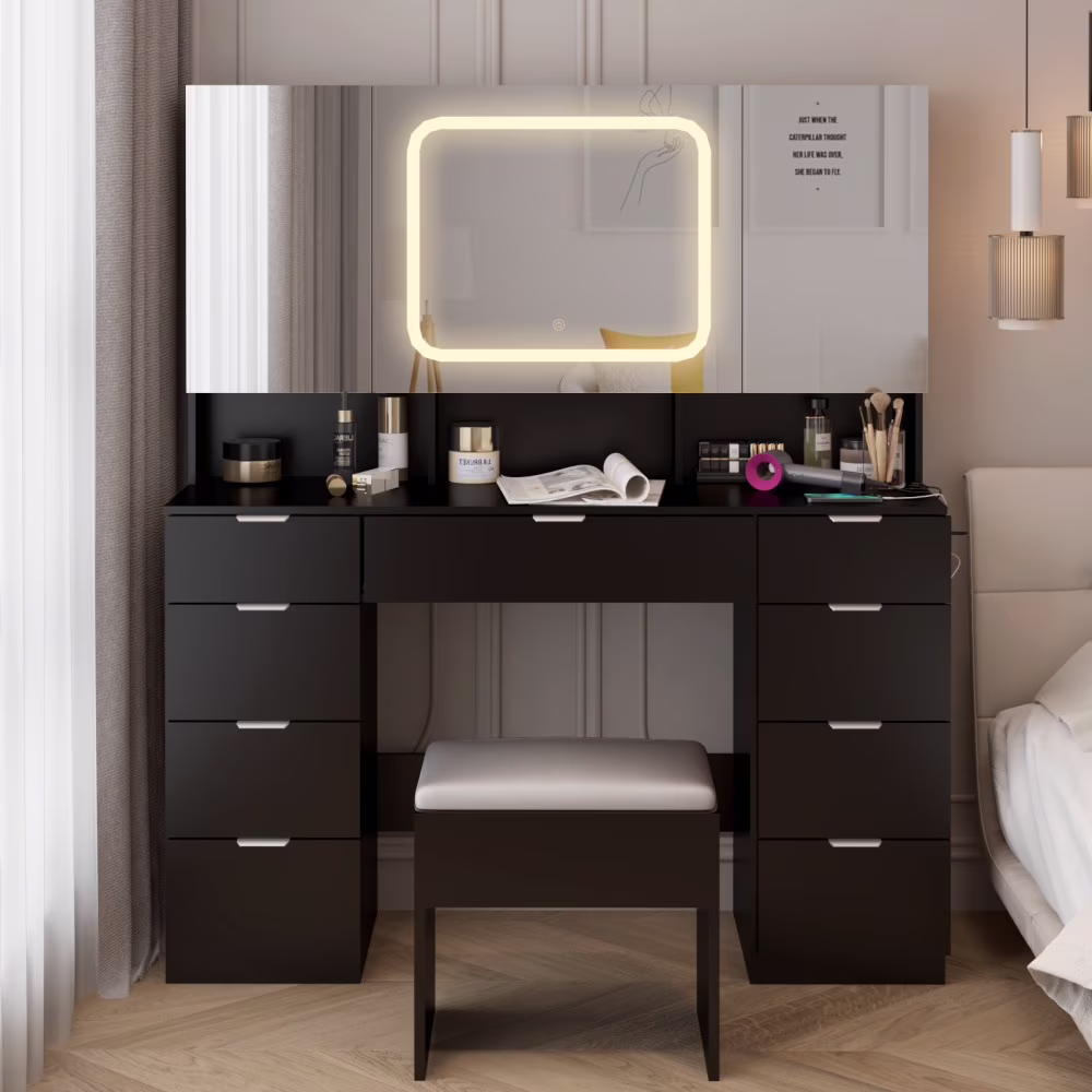 Vanity Desk Set with Large LED Lighted Mirror Power Outlet, Makeup Dressing Table with 9 Drawers and 3 Cabinets in Mirrored Doors, 47" Vanity Table with Cushioned Stool for Bedroom, Black(Black)