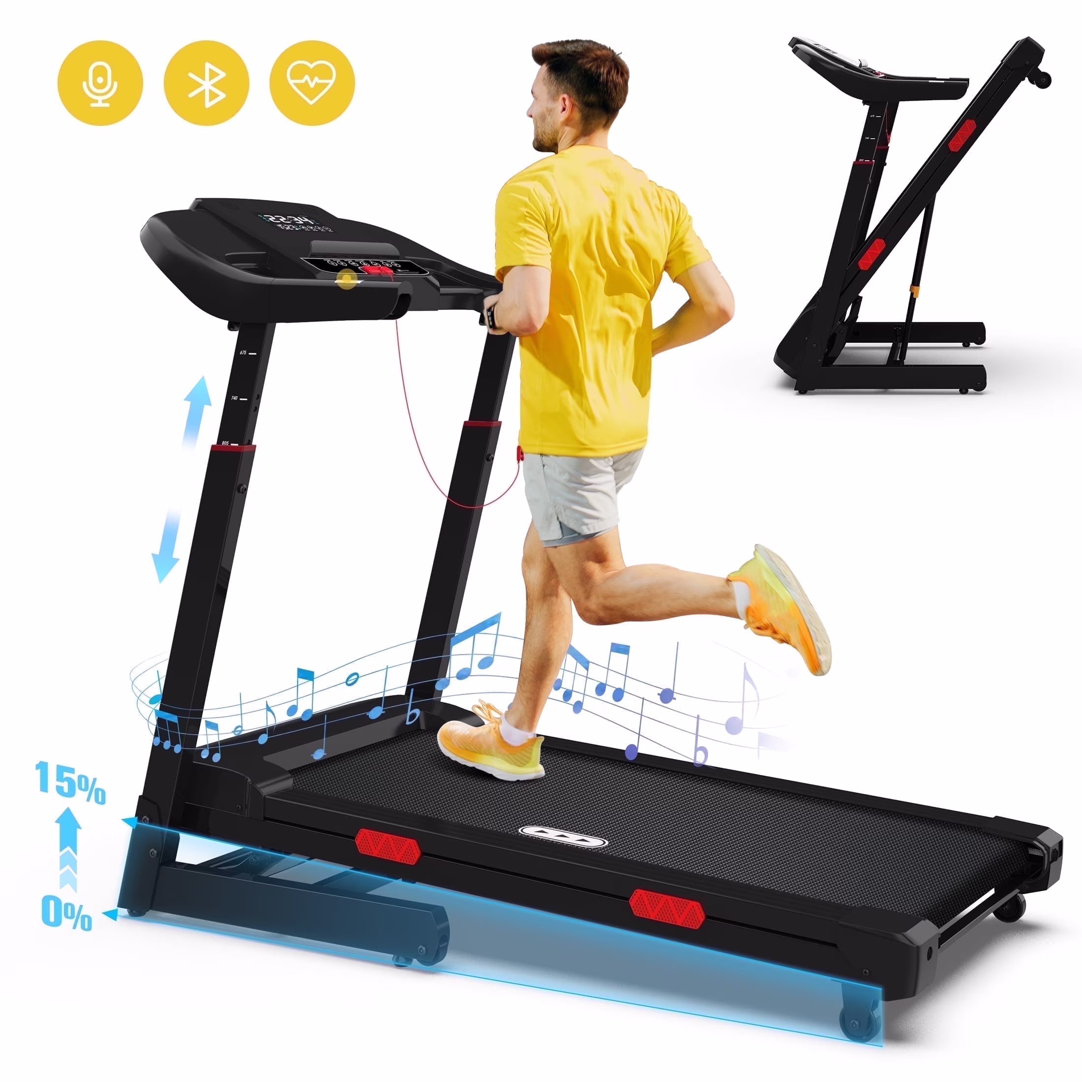 Foldable Treadmill,15% Auto Incline, 350 lb Capacity, Bluetooth, Voice Control, Heart Rate Monitor, for Home Office(Black)