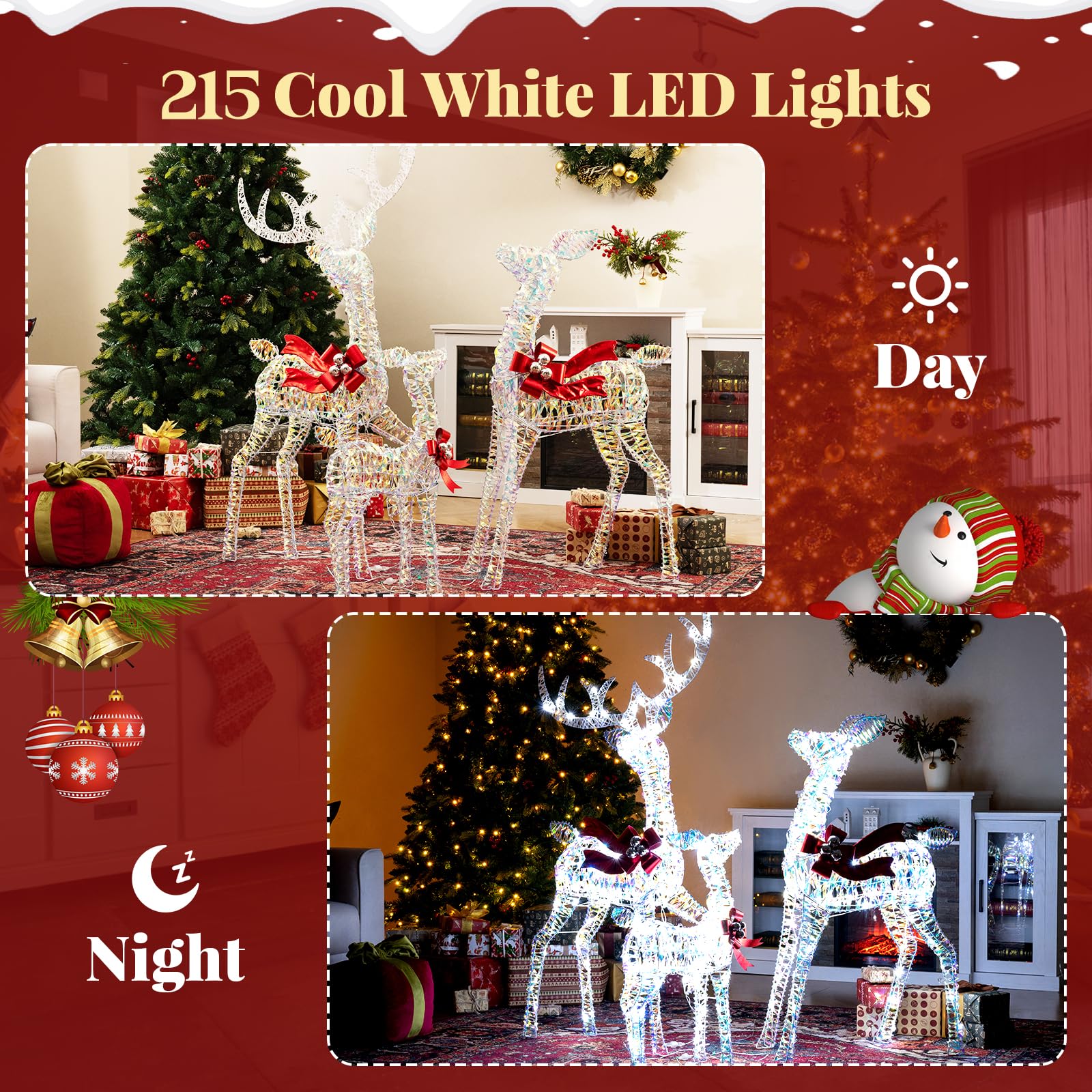 Tangkula 3-Piece Christmas Lighted Iridescent Reindeer Family Set with 215 Cold White LED Lights and Ground Stakes