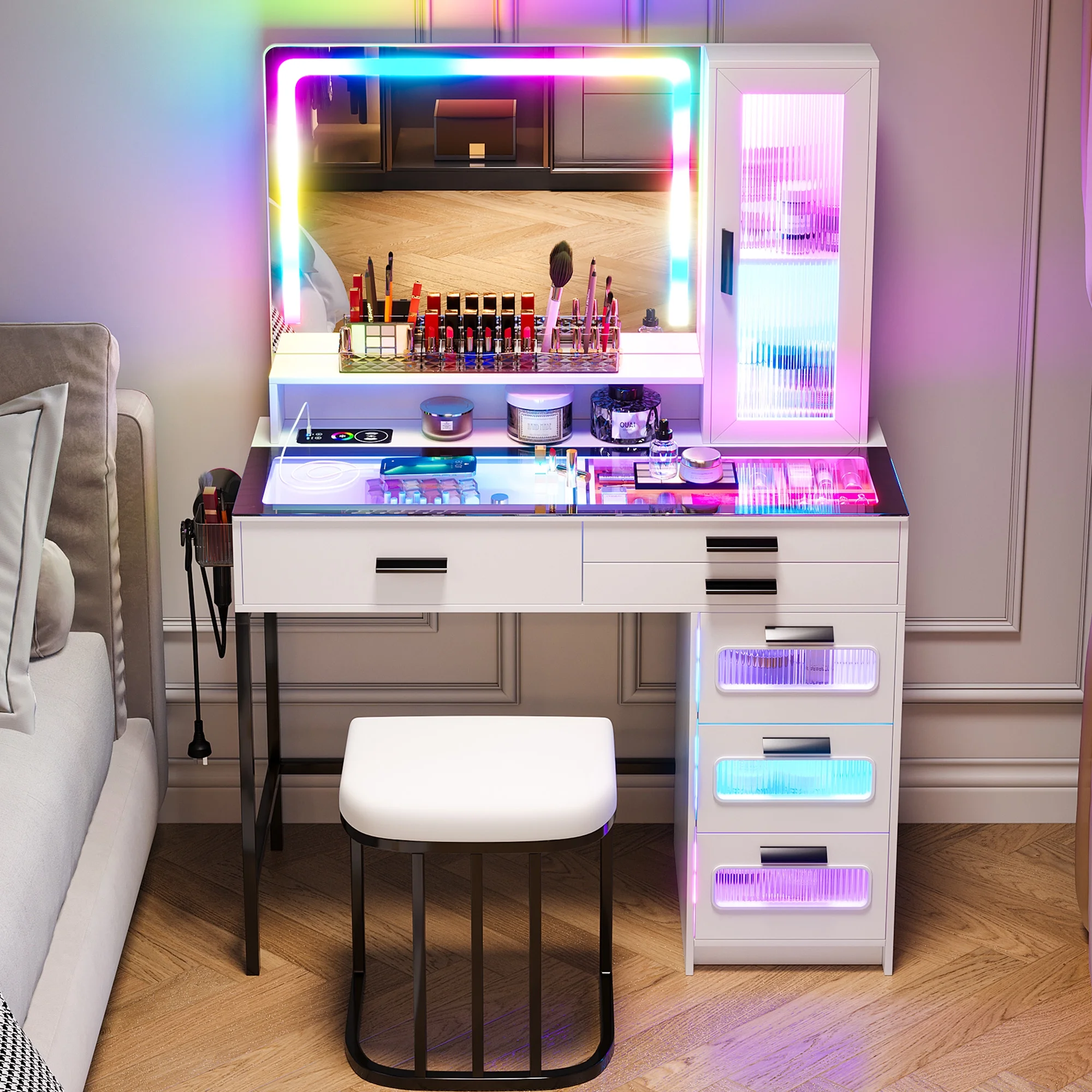 Vanity Desk with Mirror and RGB Lights, Glass Top Makeup Vanity with Auto Sensor Lights and Wireless Charging, Vanity Table Set with Cushion Stool, Dressing Table with 6 Drawers (White)(White) - Image 2