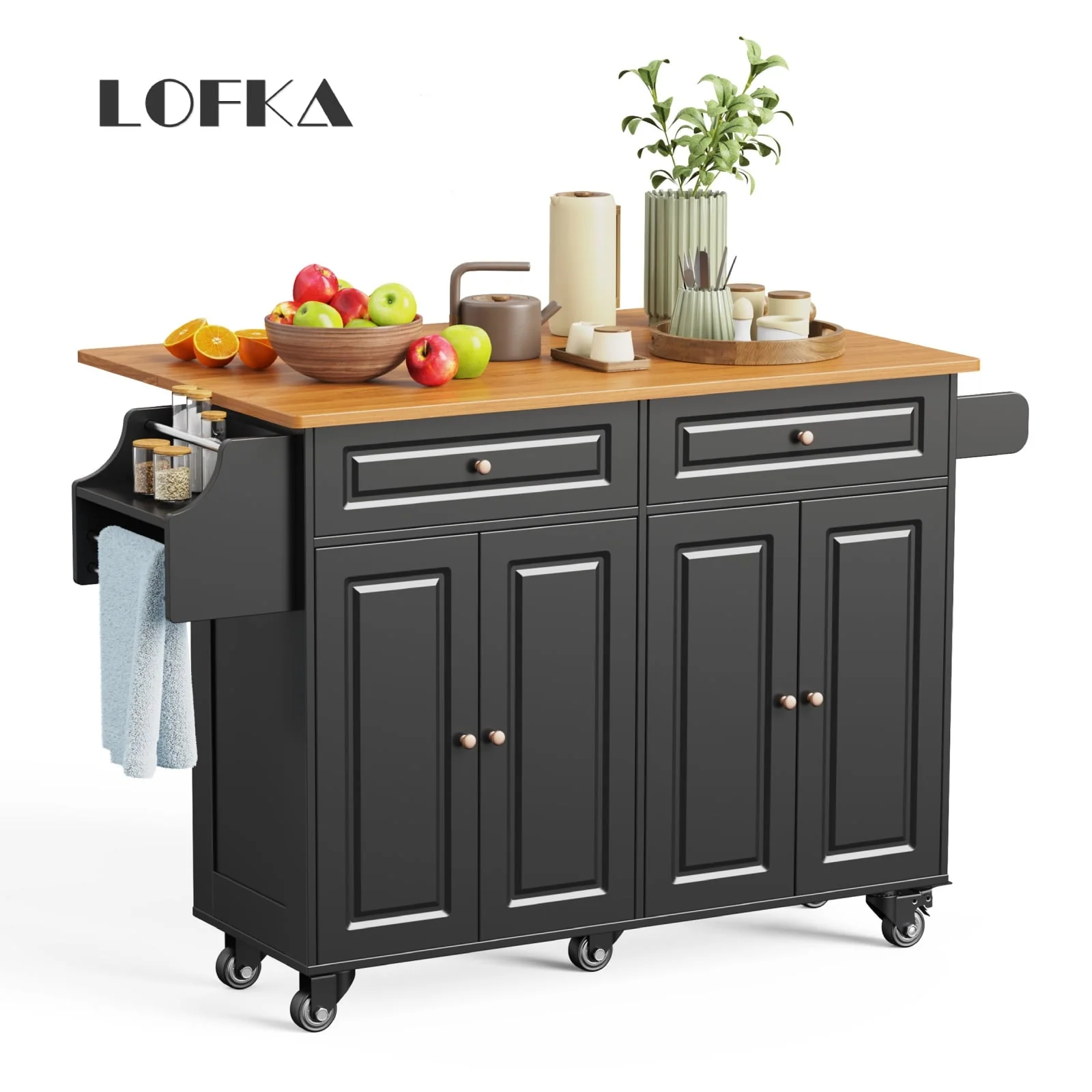 Kitchen Island with Storage, Kitchen Island Cart with Drop Leaf, Black(Black) Image 2