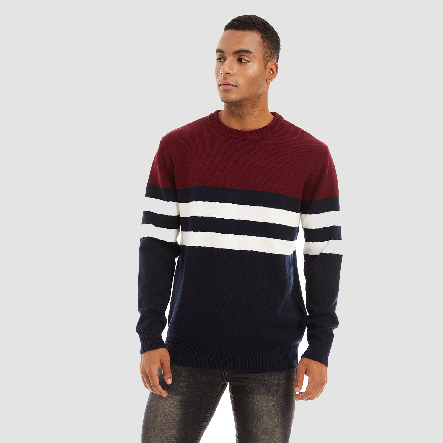 Pull ras du cou pour homme, doux et thermique, en maille, à rayures colorées