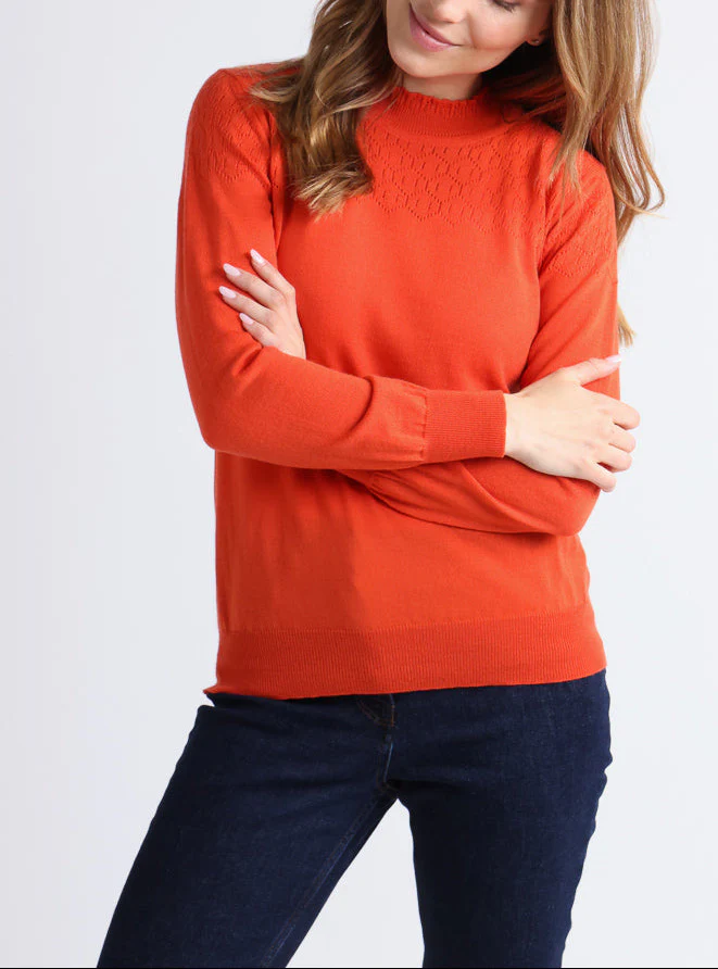 Pull femme col et maille fantaisie en laine mérinos orange