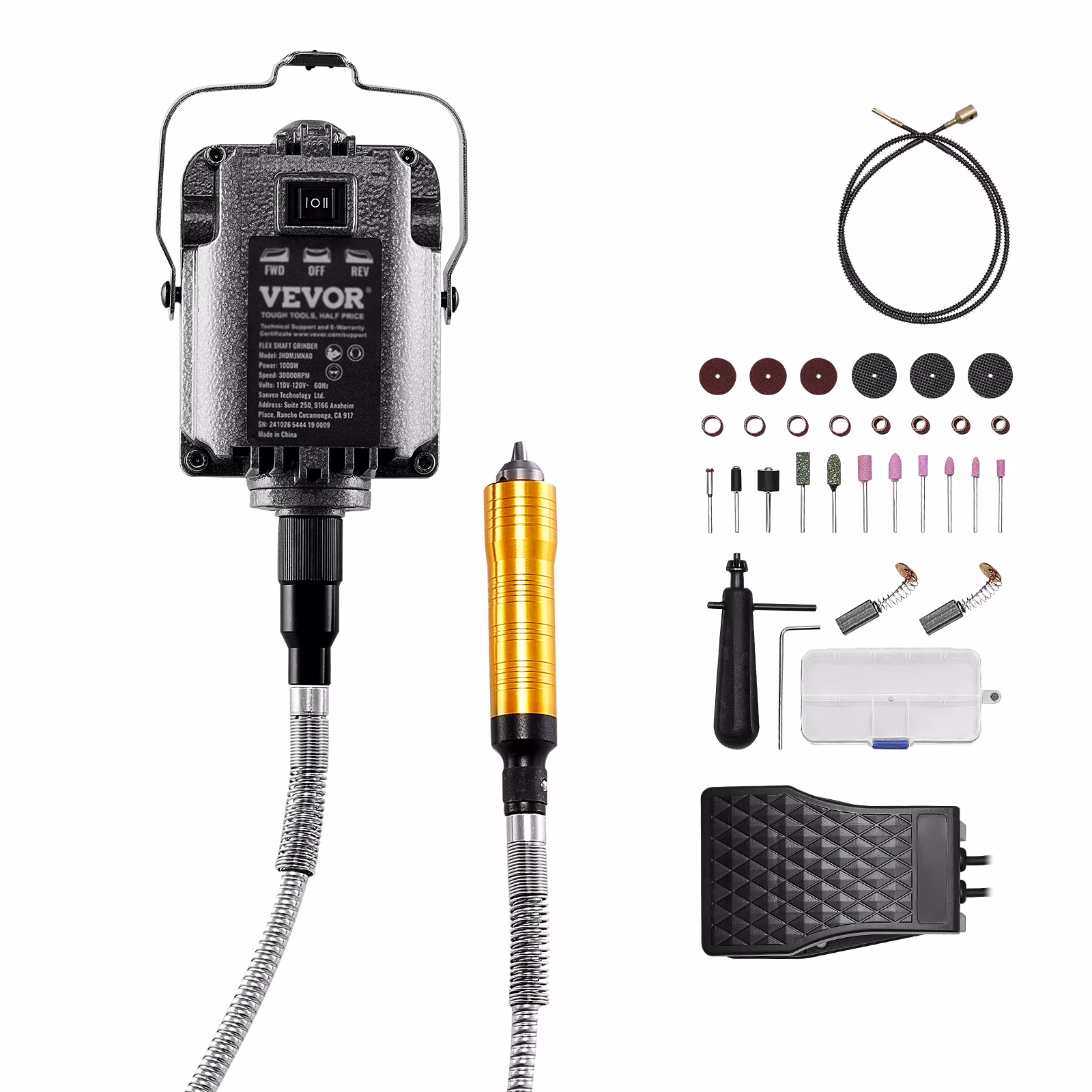 VEVOR Flex Shaft Grinder, 1000W 30,000RPM Electric Flex Shaft Rotary Tool Carver, Multi-functional Hanging Grinding Machine with 31PCS Accessories & Foot Pedal for Carving Buffing Drilling Polishing