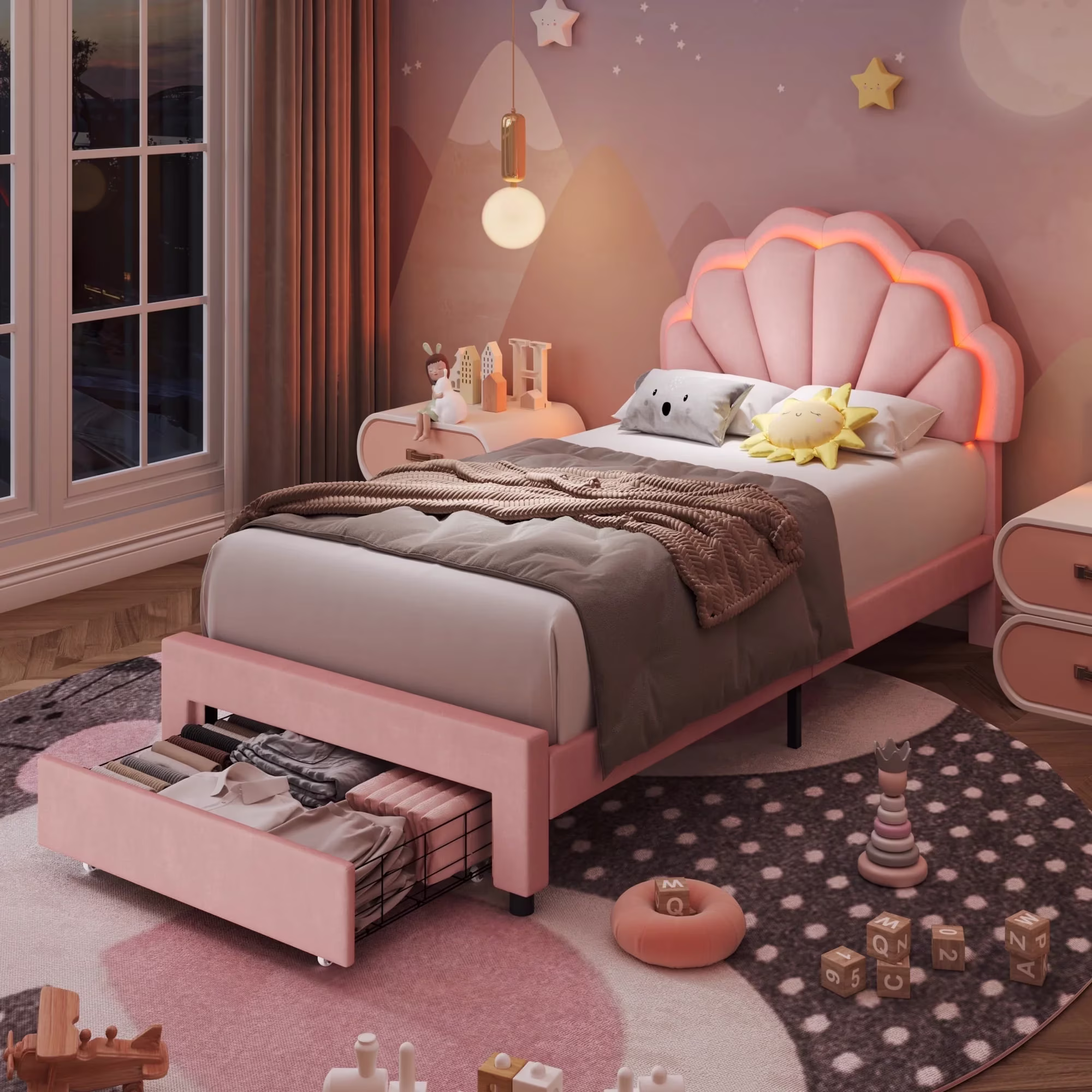 Twin Bed Frame with Storage LED Light, Velvet Upholstered Platform Twin Bed with Adjustable Petal Headboard, Beige(Twin/Beige) - Image 4