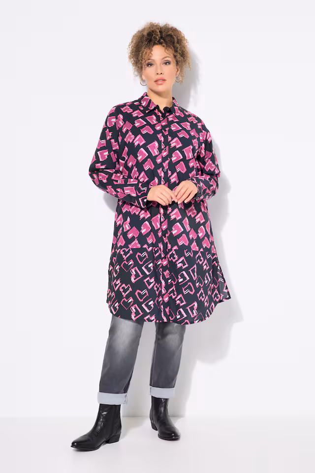 Abstract Heart Print Long Sleeve Shirt Dress