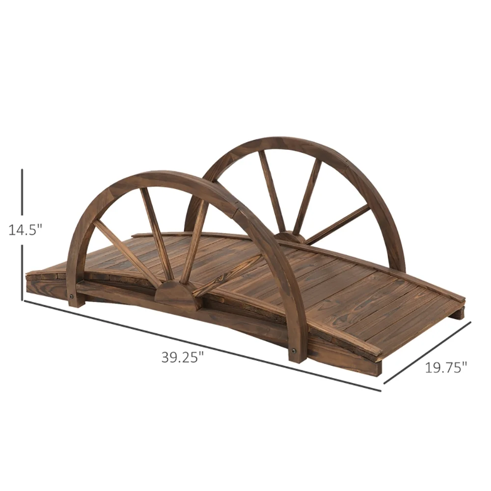 (HRR LTD)--3.3ft Wooden Garden Bridge Footbridge With Half-Wheel Style Railings & Solid Fir Construction, Stained Wood-LK LTD--(sd45r4e8 )