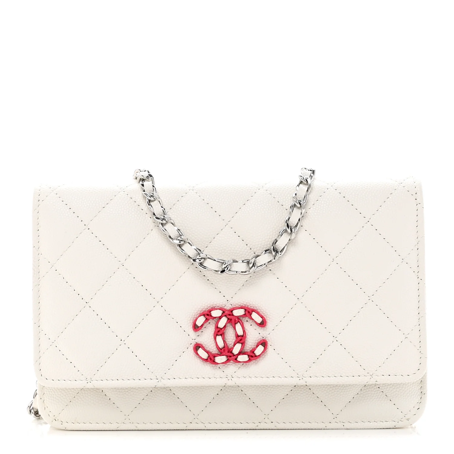 Caviar Quilted Chanel 19 Wallet On Chain WOC White Pink