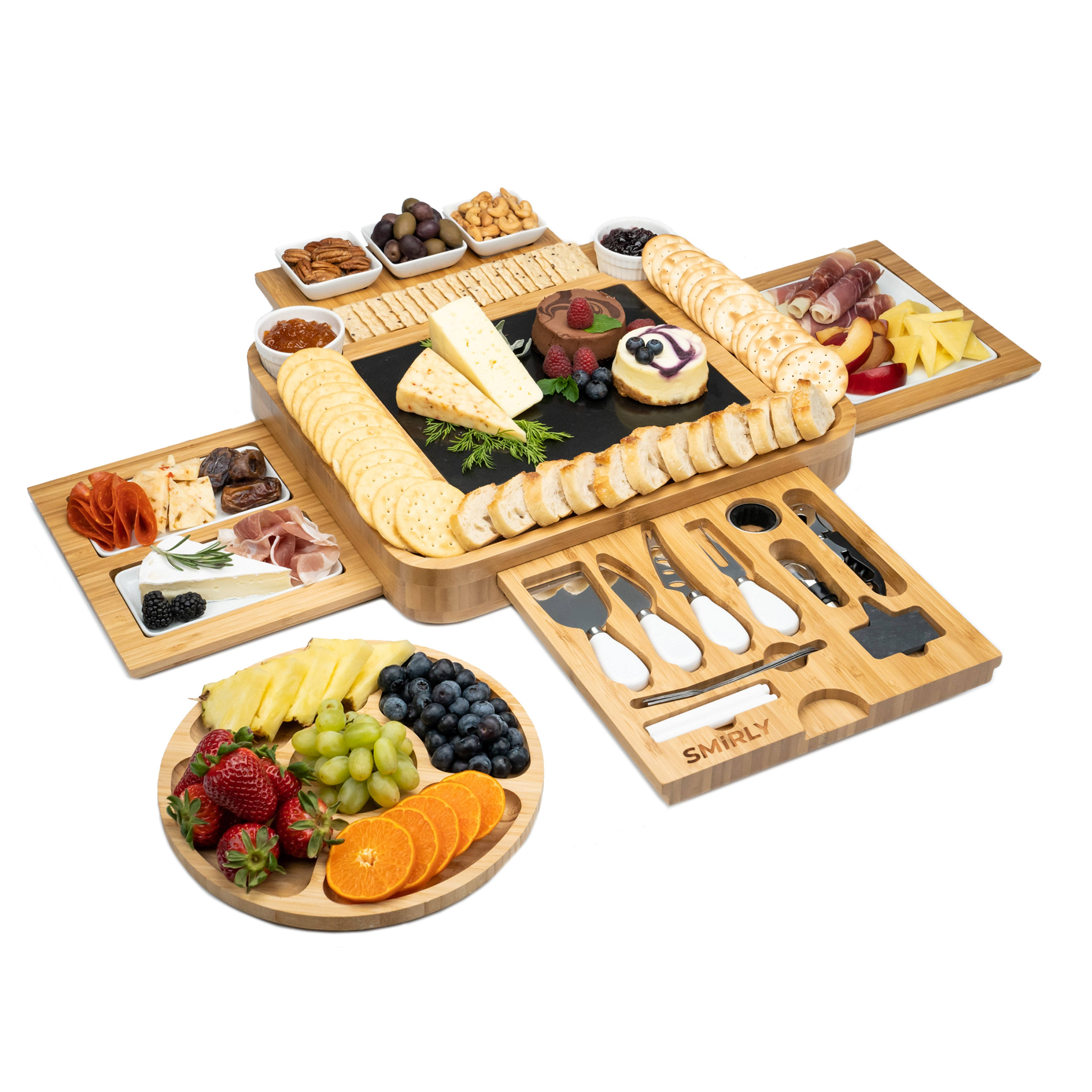 Smirly Bamboo Cheese Board and Knife Set: Extra Large Charcuterie Board Set