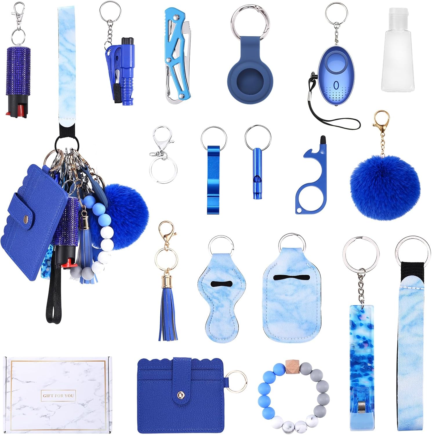 Safety Keychain Set for Women with Personal Alarm, Pom Pom, Card Wallet, Bottle Opener, Bracelet Wristlet Keyring