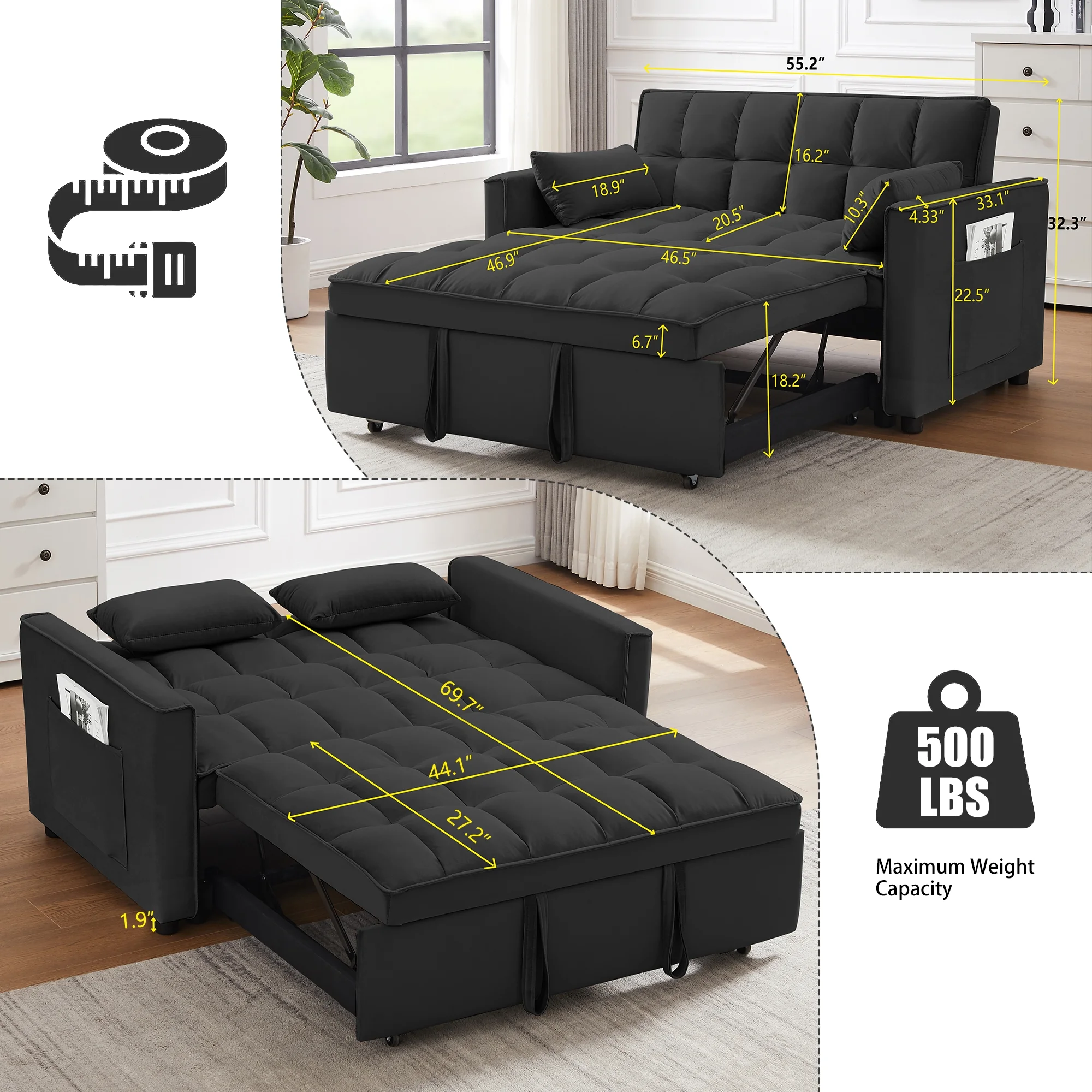 55 Inch Convertible Futon Sofa Bed,Modern Loveseat Sleeper Sofa Couch with Pull-Out Sofa Bed for Living Room,Small Space Black(Black02) - Image 7