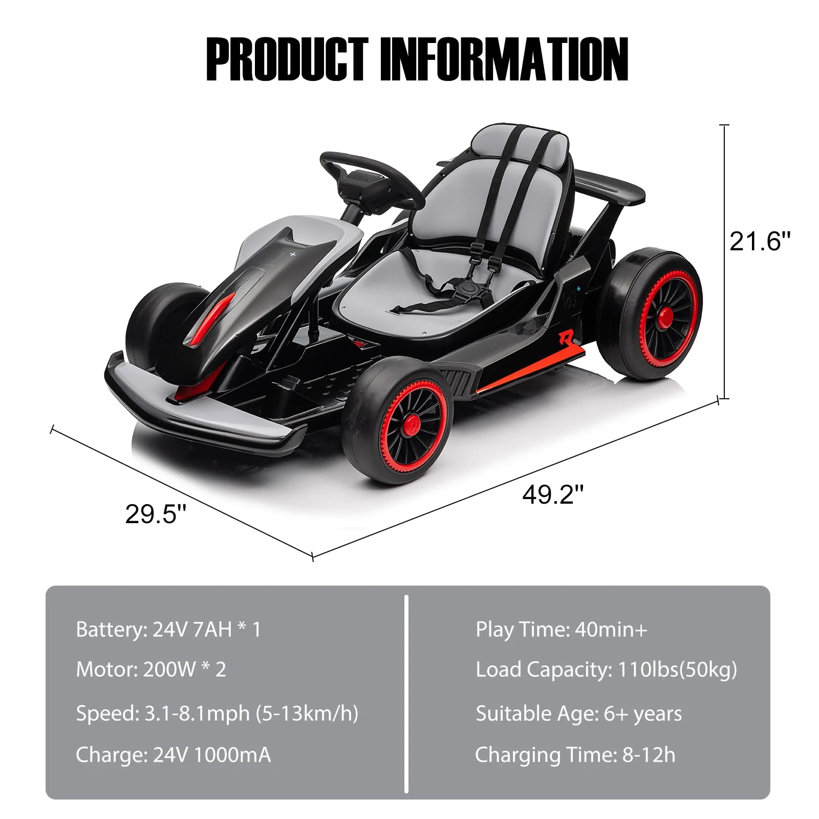 24V Drift Kart with 2X150W Strong Motor, 7AH Big Battery, Electric Pedals, Electric Go Kart Outdoor Race Toy(49.2" x 29.5" x 21.6"/Red) - Image 10
