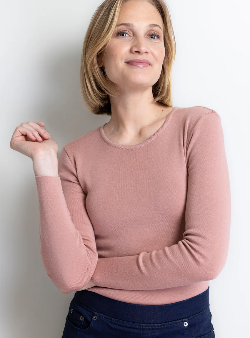 Tee-shirt thermique manches longues femme en laine merinos rose tendresse