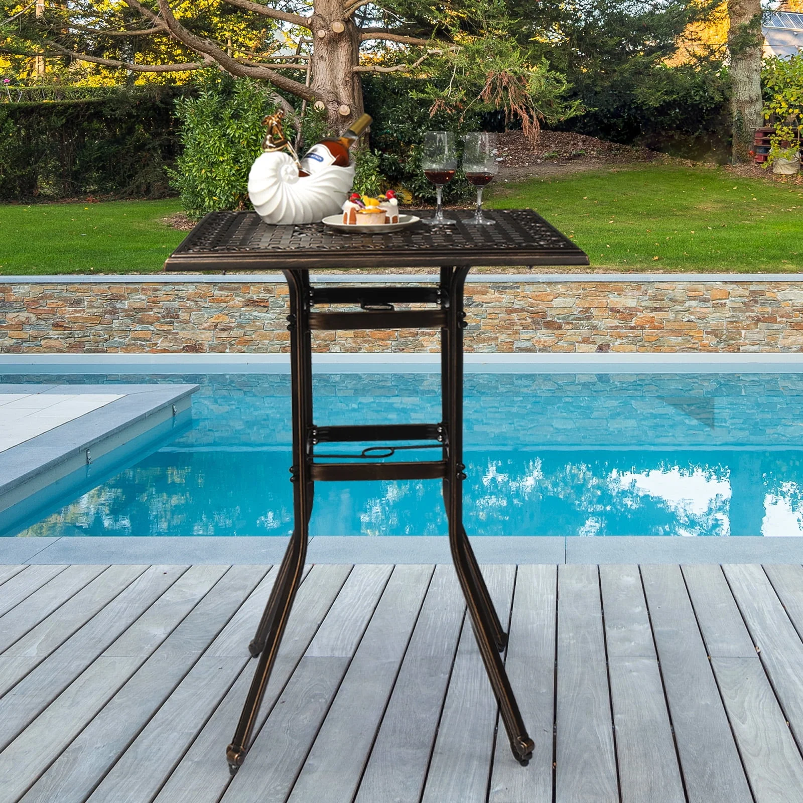 Ktaxon 31.5 Patio Bar Height Table, All-Weather Cast Aluminium Square Bar Bistro Table with 2 Umbrella Hole, Outdoor Tall Table for Porch Balcony Backyard Garden, Antique Bronze