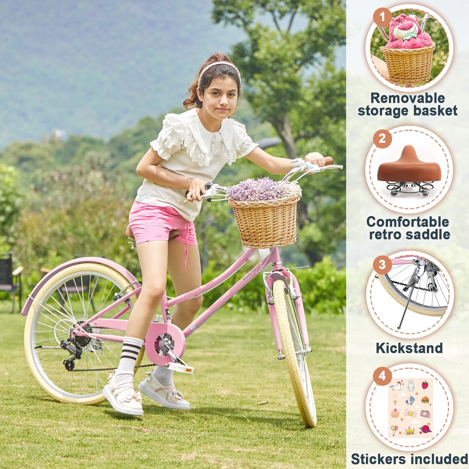 Missy 24" inch Girl Cruiser Kids Bike 6-Speed Teen Hybrid City Bicycle for Youth Ages 7 8 9 10 11 12 13 14 Years Old with Wicker Basket Lightweight, Pink(Pink/24") - Image 4