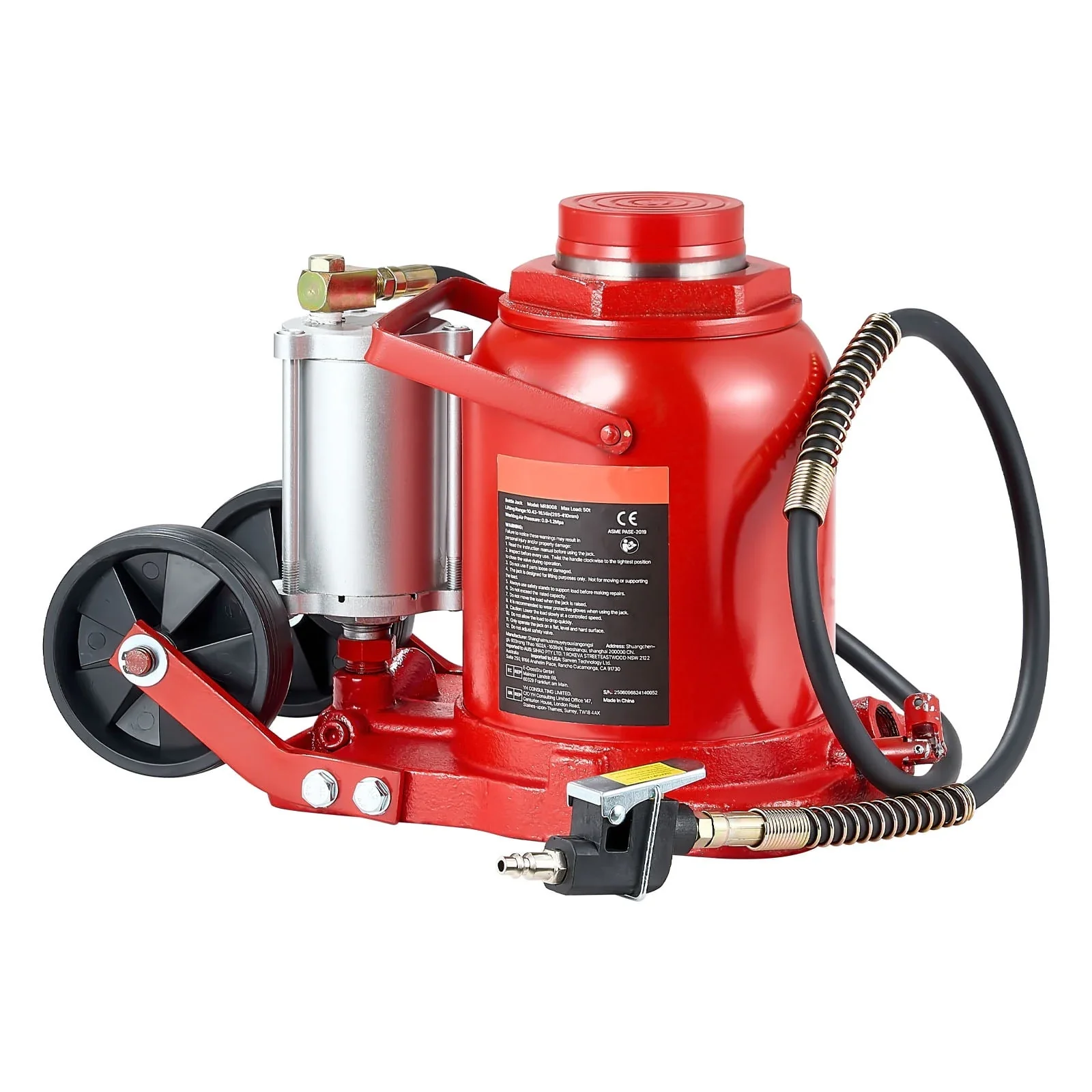 KFFKFF 50-Ton Air Hydraulic Bottle Jack, 10.4-16.1 Inch Lift, Pneumatic/Manual Operation with Pump, Red