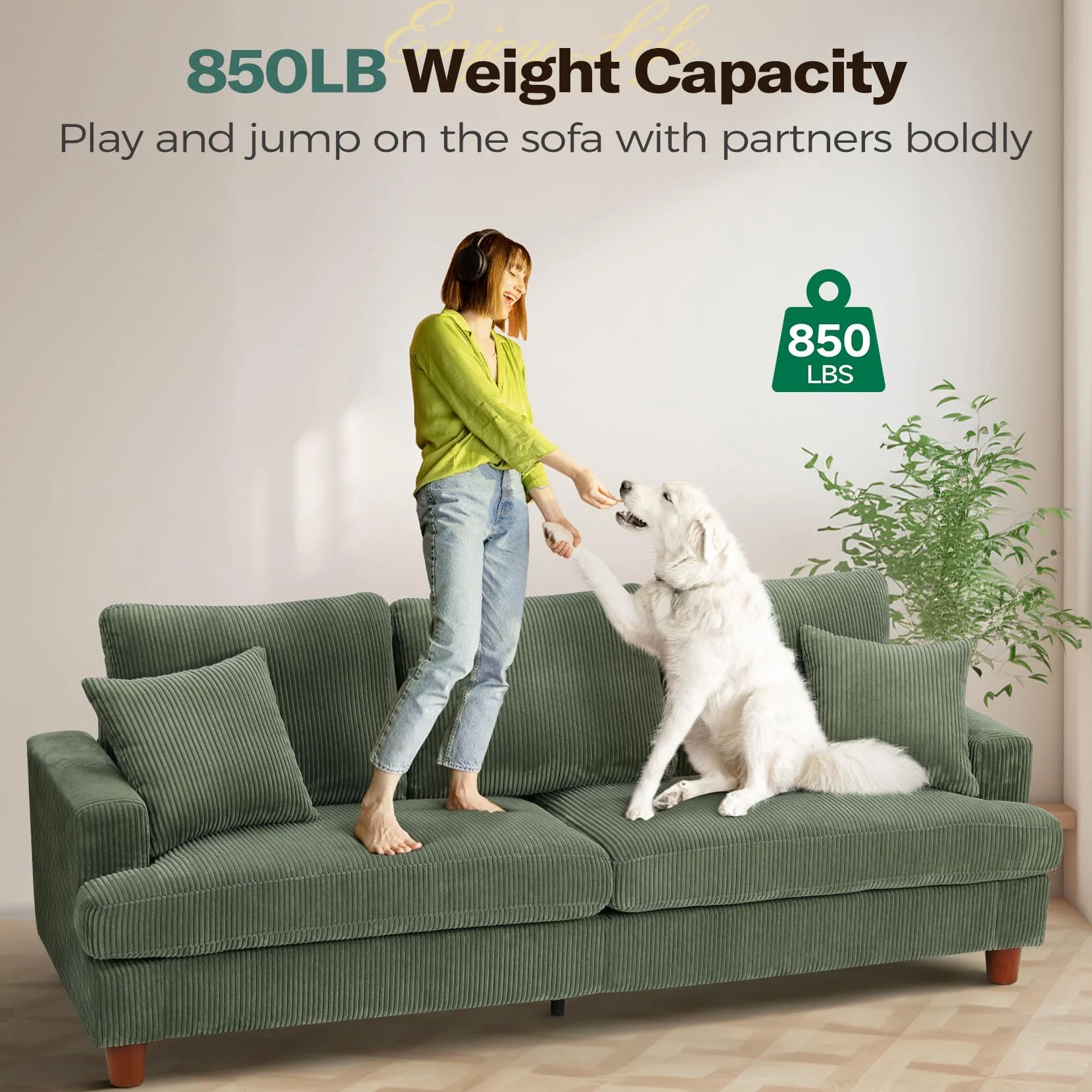 87" Corduroy Sofa, 3 Seater Sofa with Extra Deep Seats, Neche Comfy Upholstered Couch for Living Room, 2 Pillows, Green