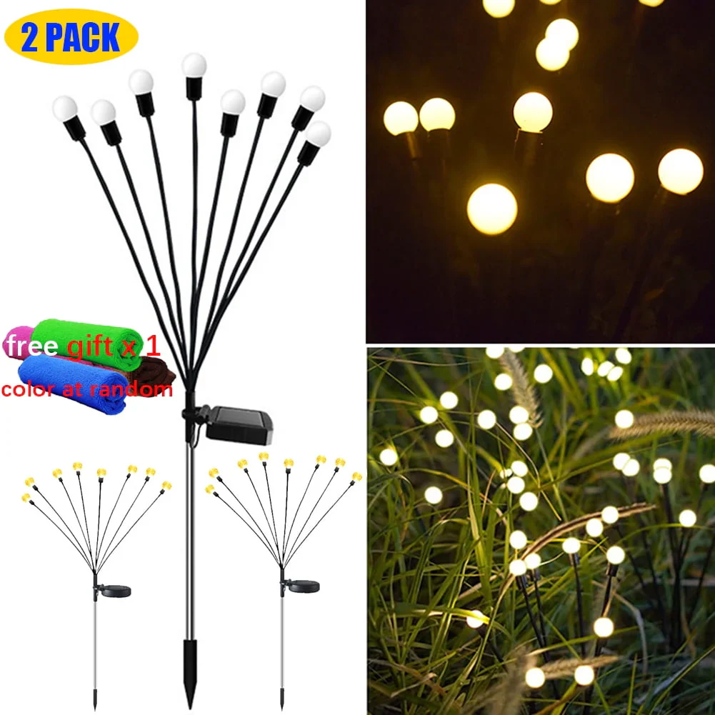 Byseng Solar LED Firefly Lamps (2 PACK), Solar Powered Firefly Lights with 8 Bulbs (Warm White), Intelligent Light Sense for Garden