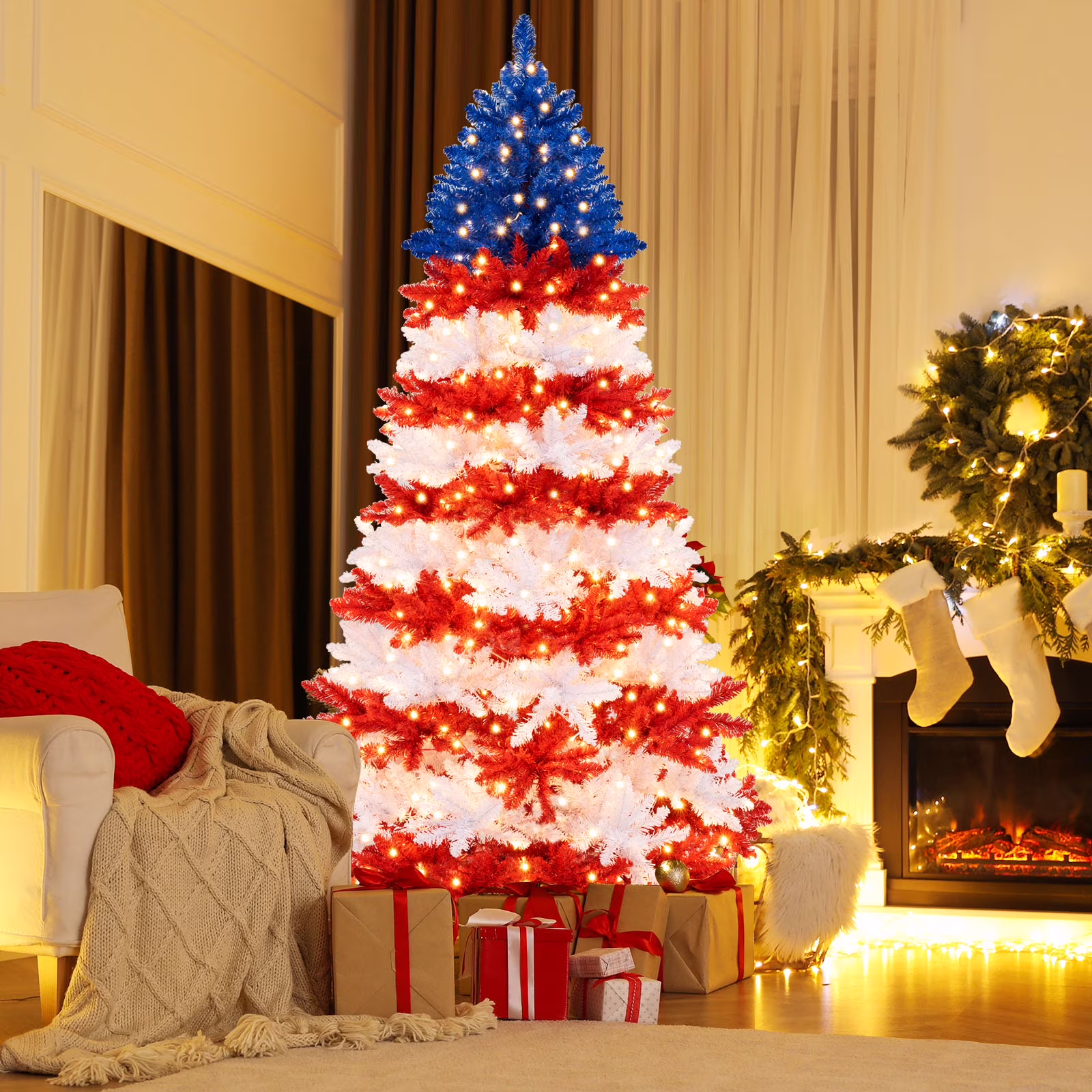 7.5 FT Patriotic Pre-Lit Artificial Christmas Tree with 1341 Branch Tips 480 Lights