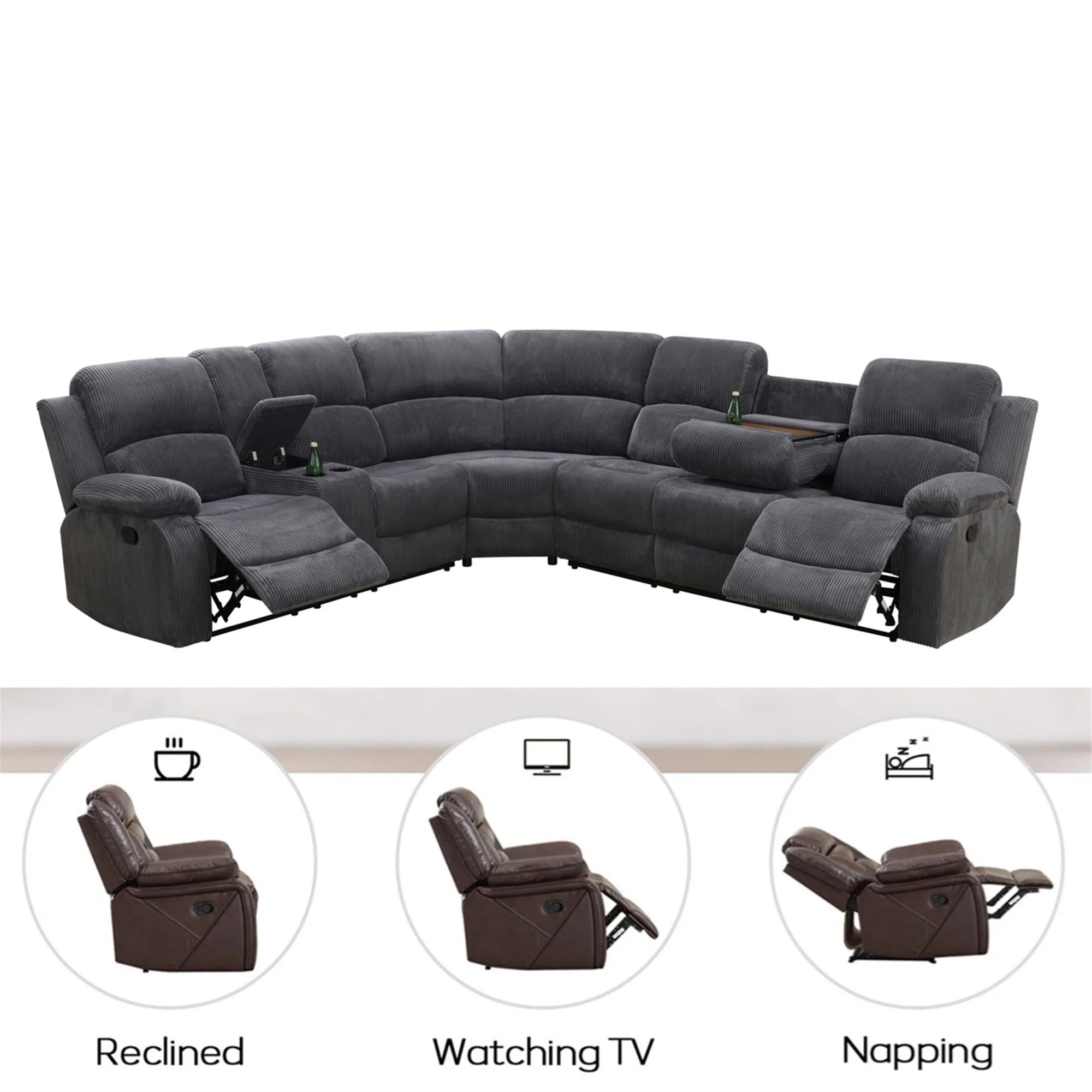 3-Piece Recliner Sofa Set, 6 Seat Sectional Couch with Cup HoldersStorage Console, Gray(Gray|Corduroy) - Image 8