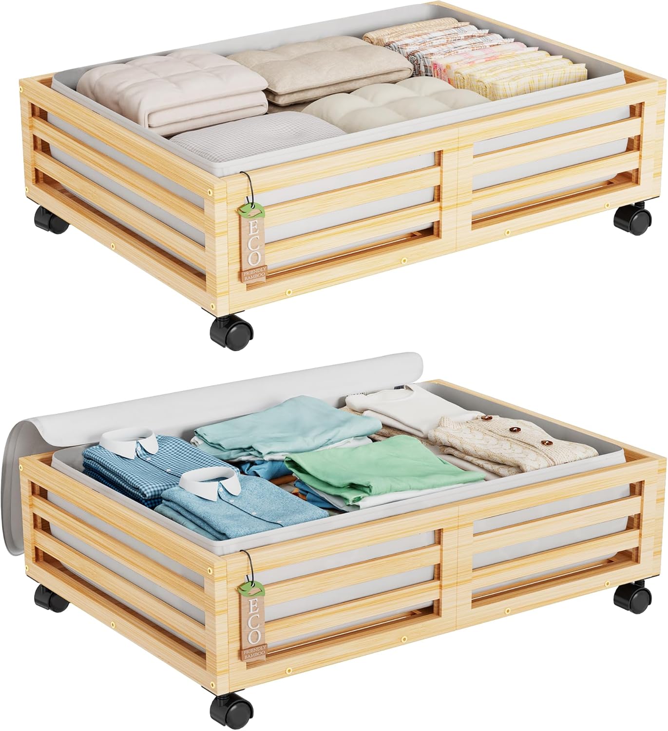 Wisuce 2 Packs Bamboo Under Bed Storage Organizer with Wheels Nature Small