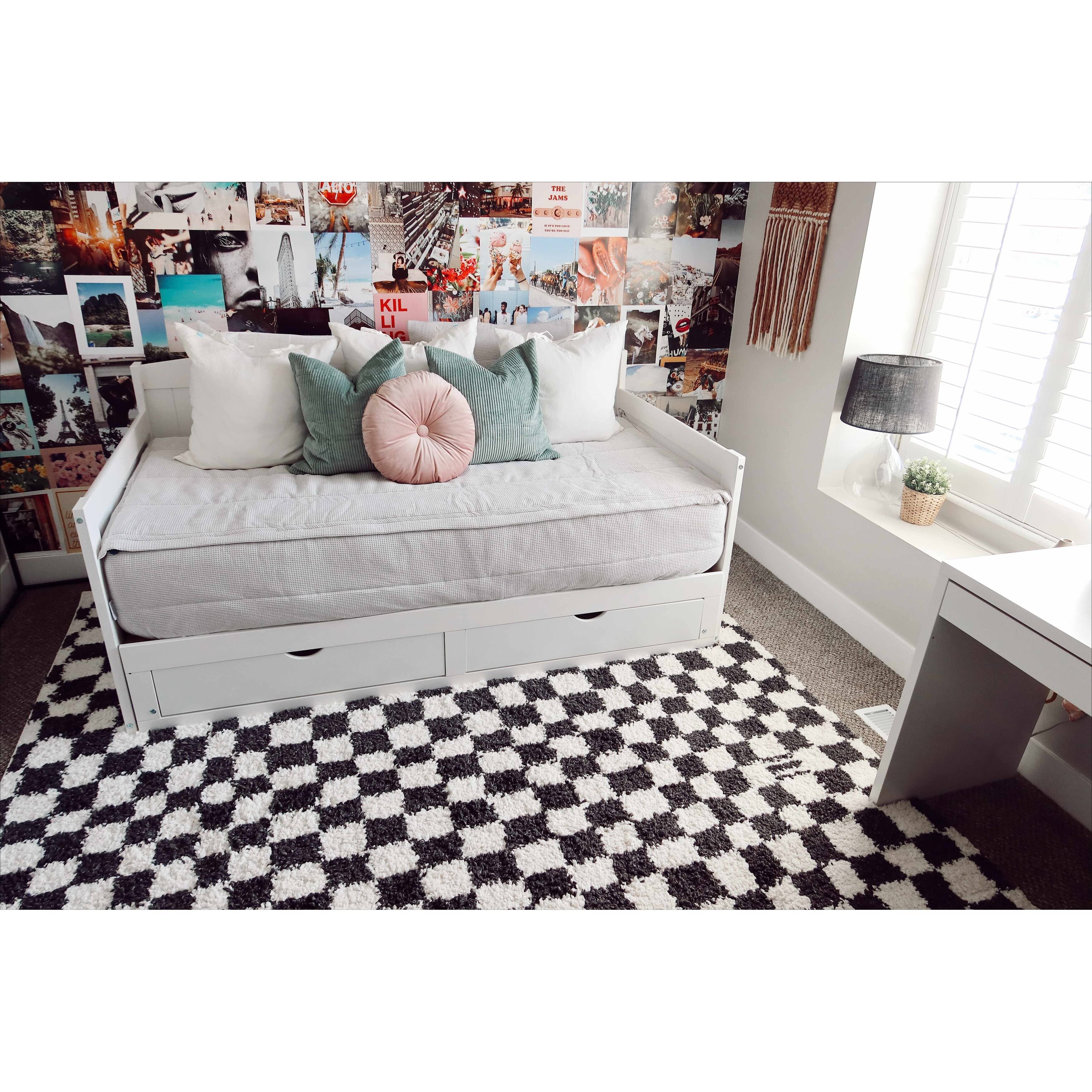 Hauteloom Kieu Checkered Shag Bedroom Living Room Area Rug - High Pile - Shaggy Plush Modern Soft Carpet - Black, White - 5'3