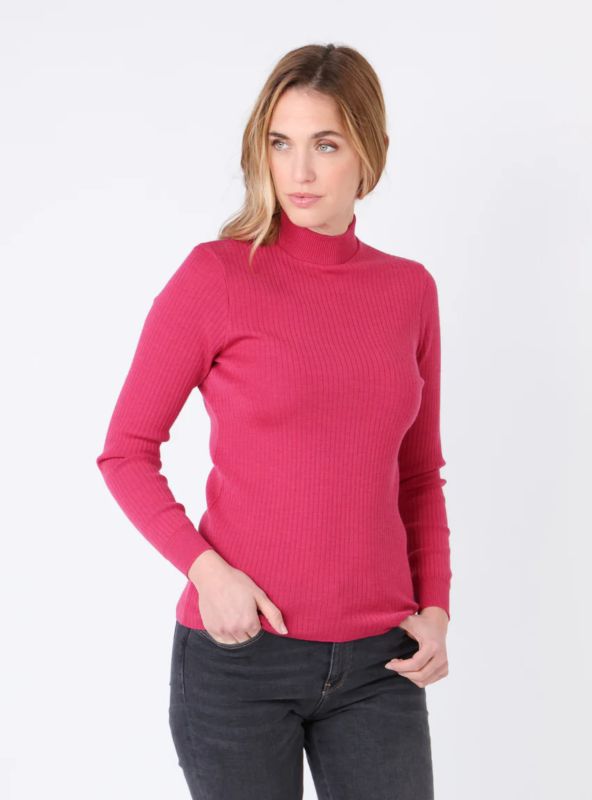 Pull chaussette femme col cheminee laine mérinos Rose géranium