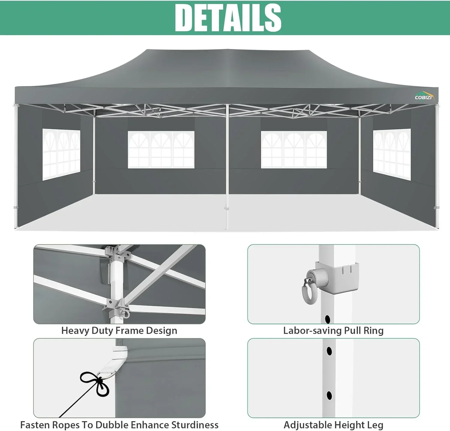 Tente pliante robuste COBIZI 10x20, 6 parois latérales, pour événements commerciaux, mariages et réceptions