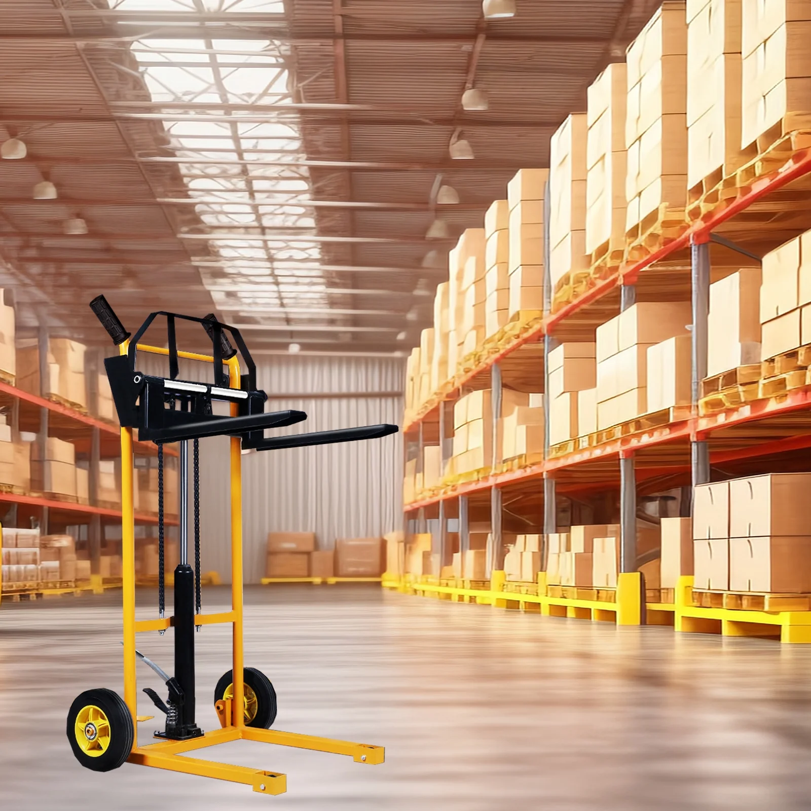 Small Manual Forklift Hydraulic Stacker, Portable Material Lift Truck with Adjustable Forks and Fixed Legs, 440 Lbs Straight Wheel Stacker Truck (Without Pallets) - Image 4