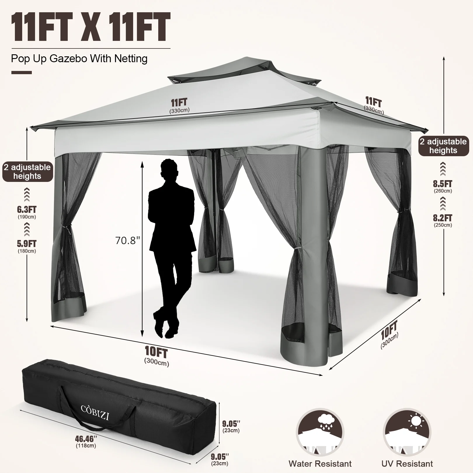 11x11 Outdoor Waterproof Gazebo, Pop up Canopy Gazebo with Mosquito Netting UV Protection for Parties, Camping, Weddings, and Backyard Events, Gray(11 x 11/Gray) - Image 4