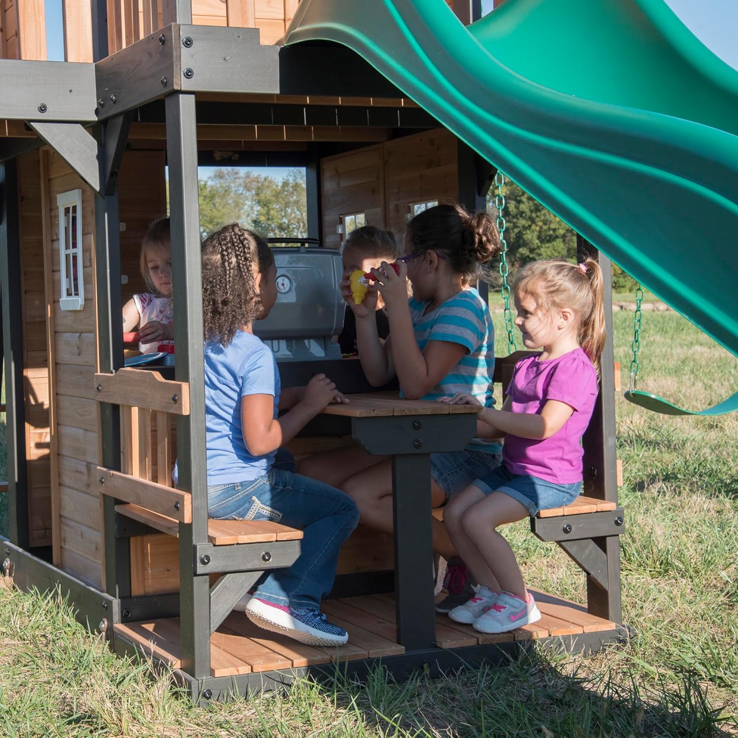 Canyon Creek Cedar Wood Swing Set with Wave Slide, Clubhouse, Play Kitchen, Picnic Area, Belt Swings, Web Swing, Rock Wall, Balconies,…