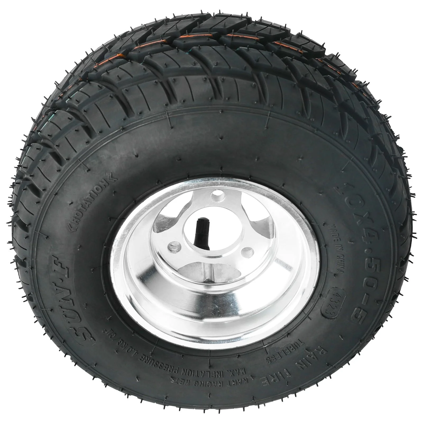 Set 4 Go Kart Tires and Rims, 10x4.50 - 5 Front Tubeless Tires Rims, 11x7.10 - 5 Rear Tires Rims, Go Cart Wheels and Tires Fit Bolt Pattern 58 Mm with 3 Holes Drift Trike, Buggy Lawn Mower